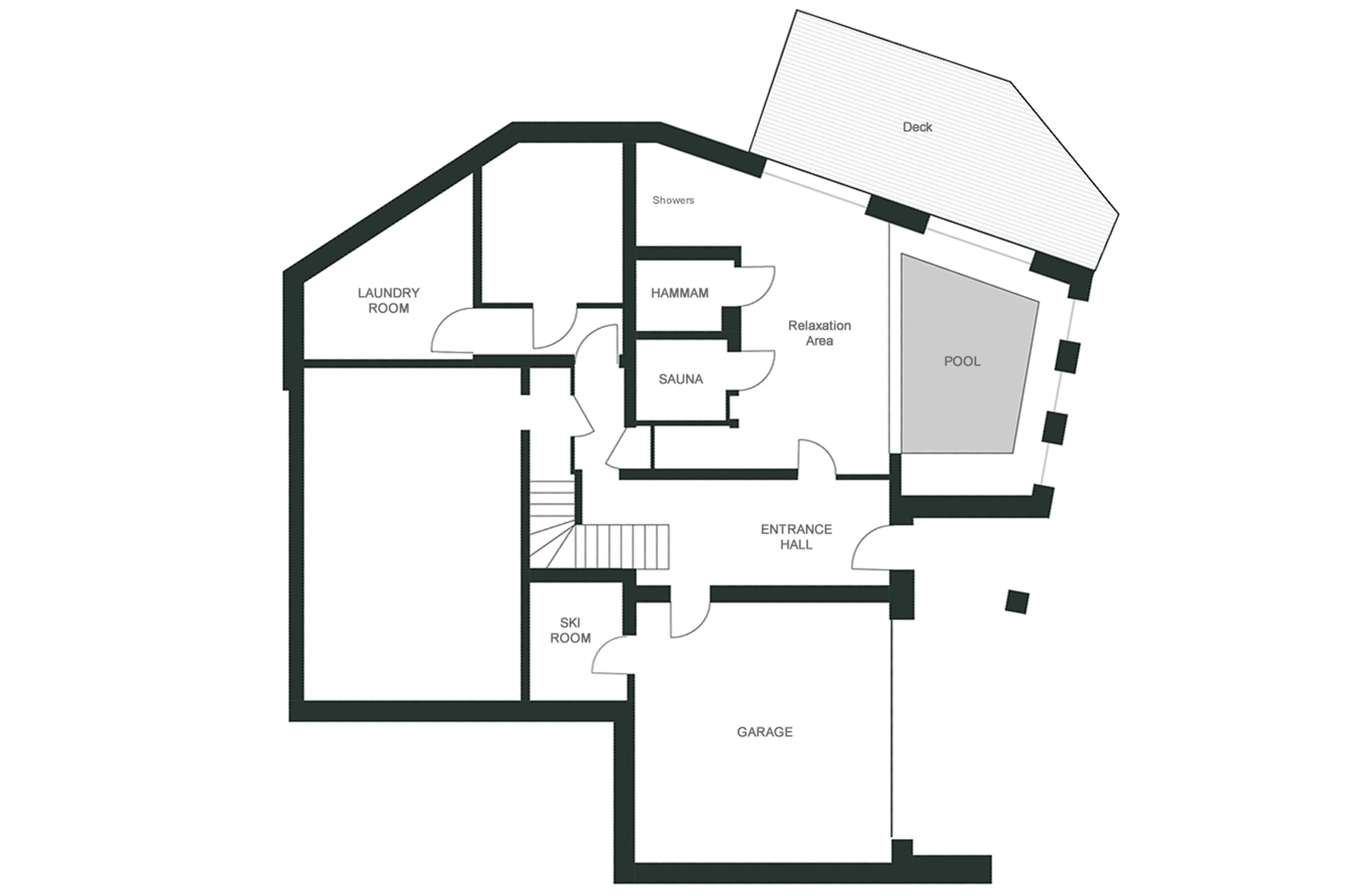 Lower ground level floor plan of Chalet Kuma in Chamonix