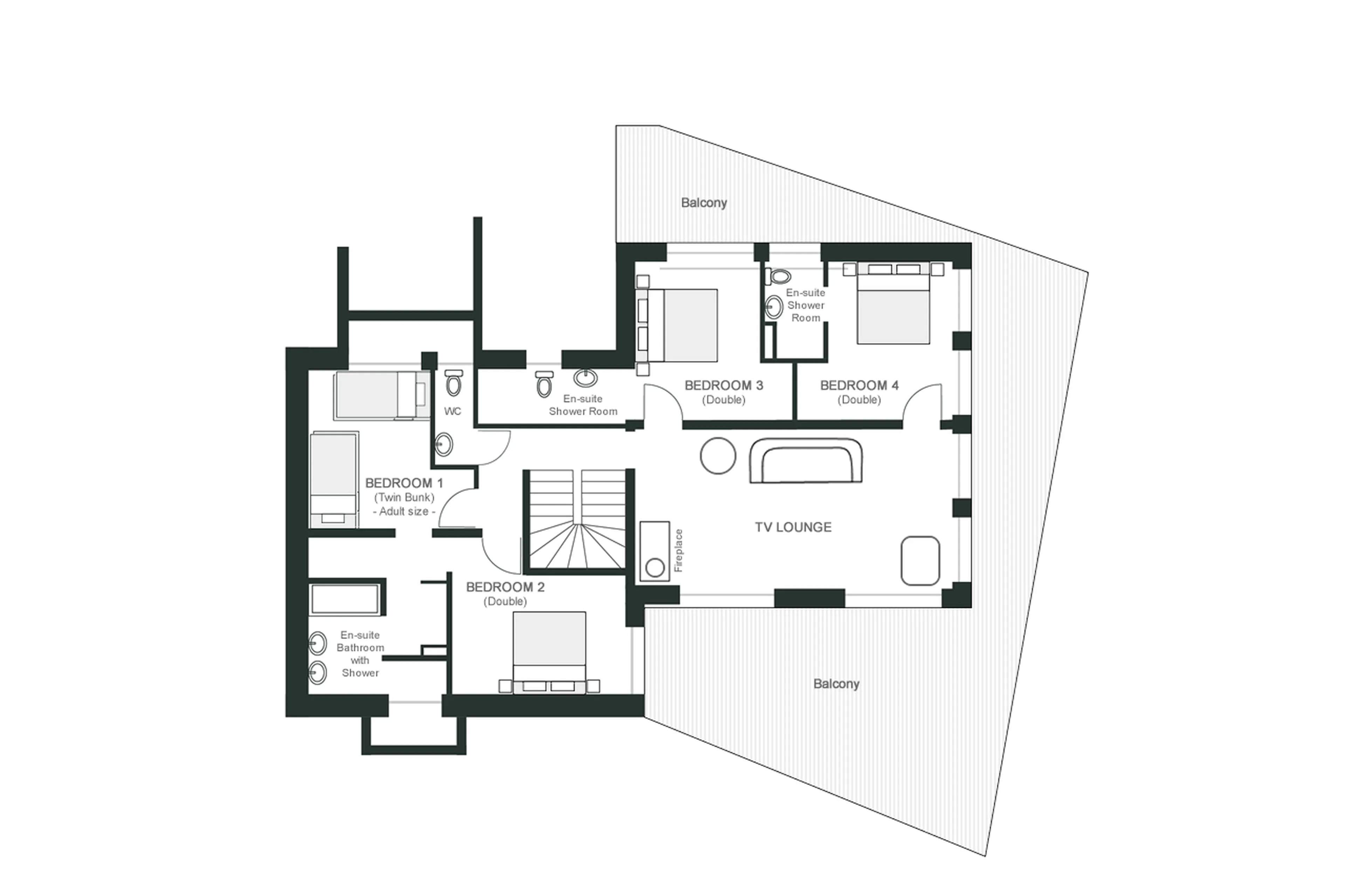 Upper ground level floor plan of Chalet Kuma in Chamonix