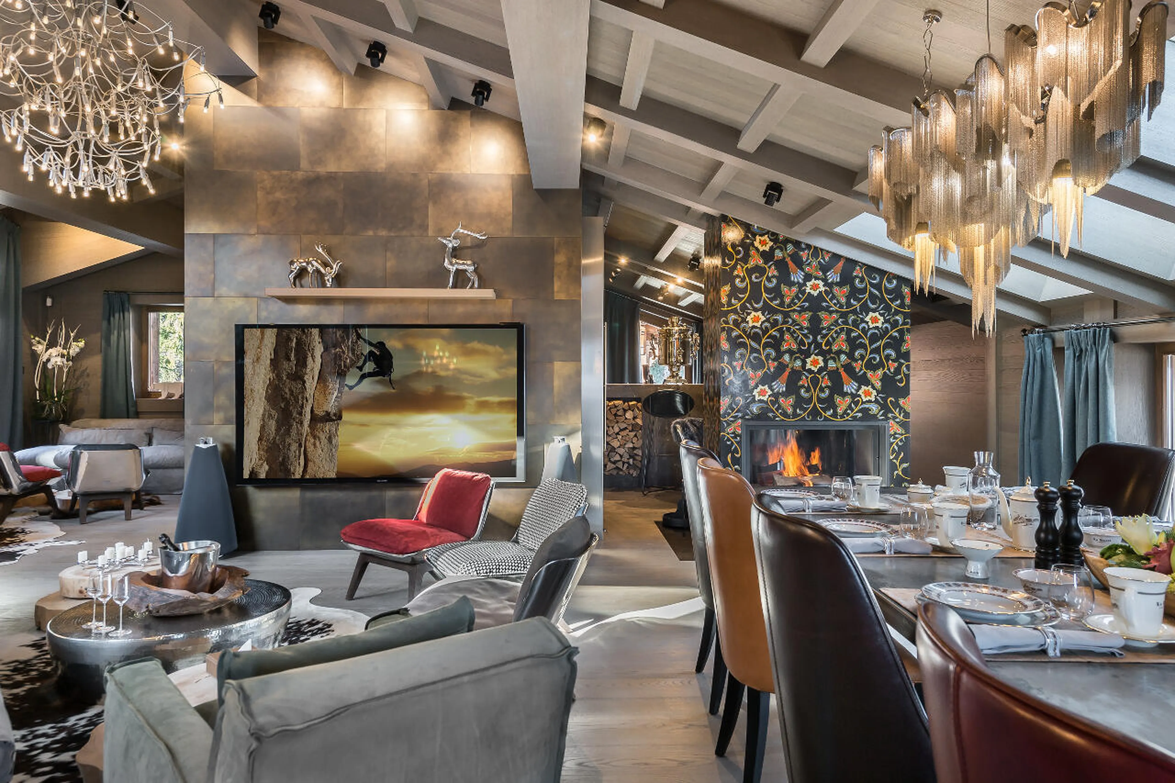Open plan lounge and dining area in La Datcha in Courchevel 1850