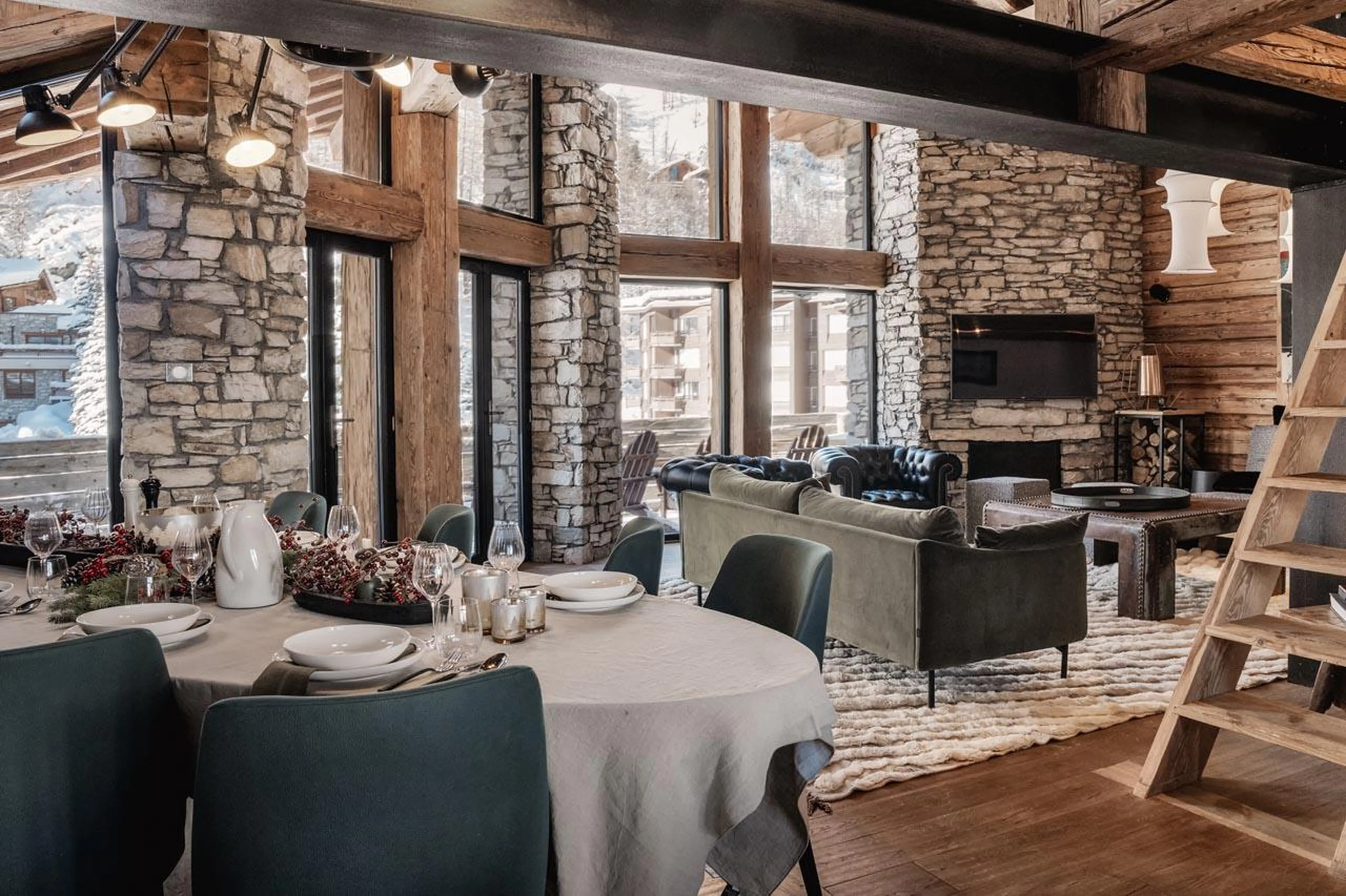 Living and dining area at Chalet La Face in Val d'Isere