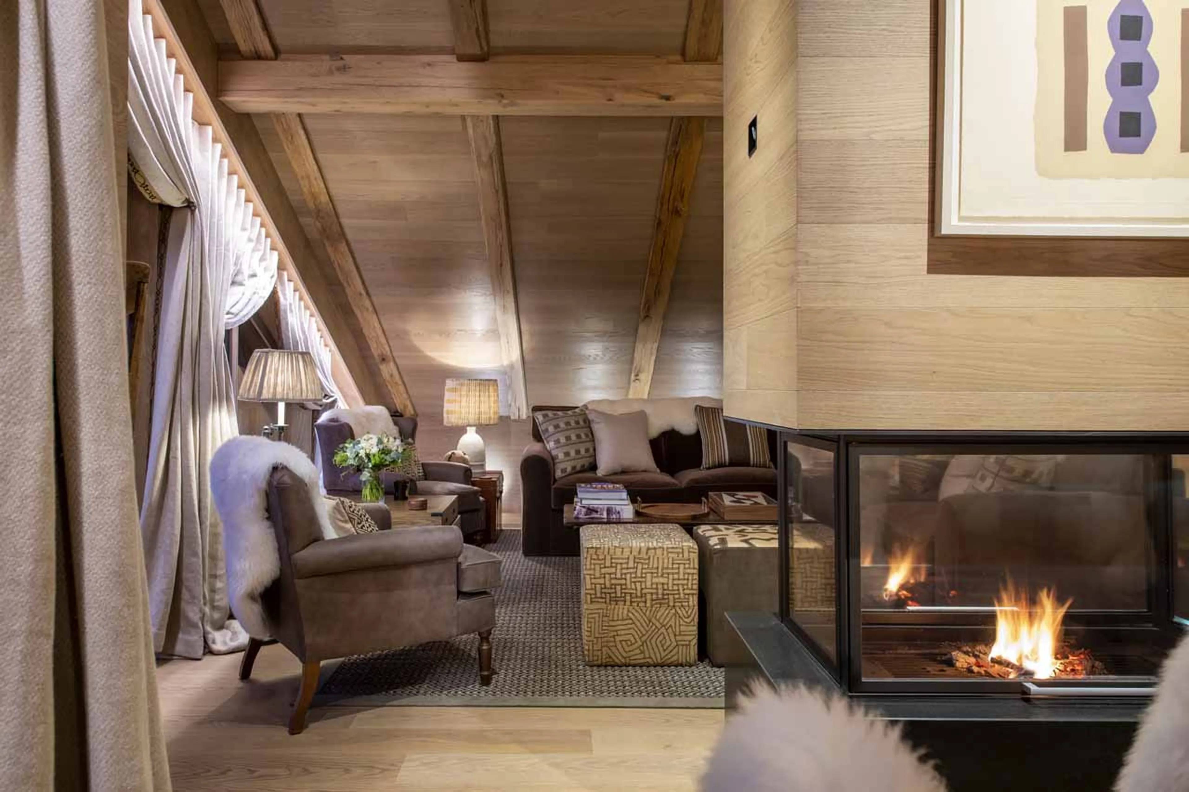 Fireplace in living area of Chalet La Loze in Meribel