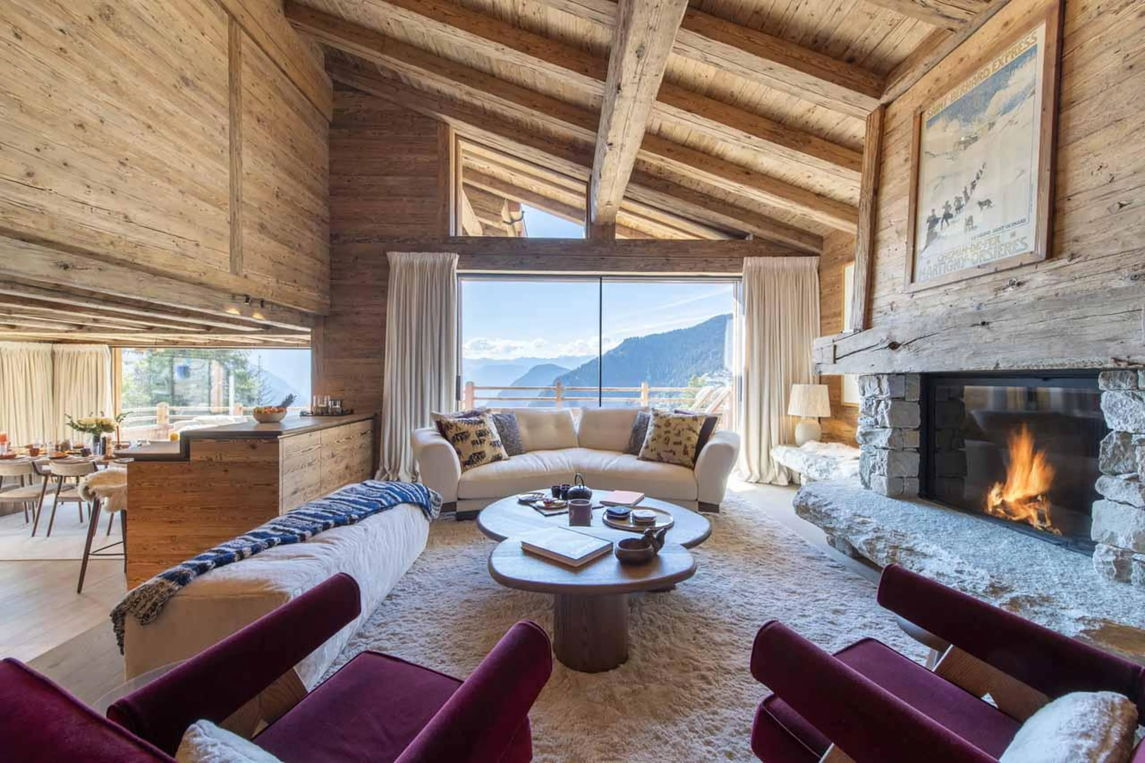 Living room with floor-to-ceiling-windows in Chalet La Rochette, Verbier