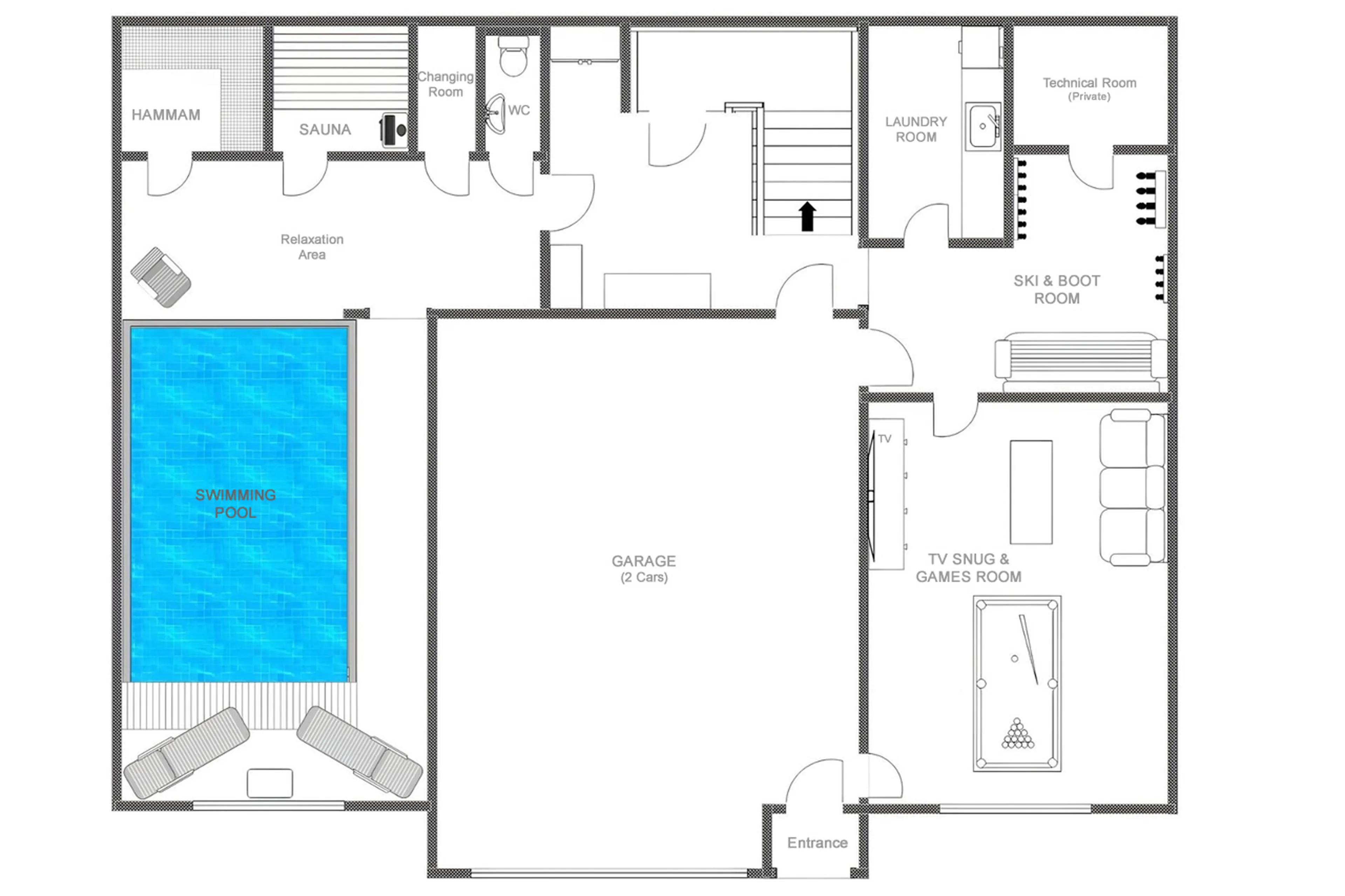 Level 0 floor plan of Chalet Lashca in Val d'Isere