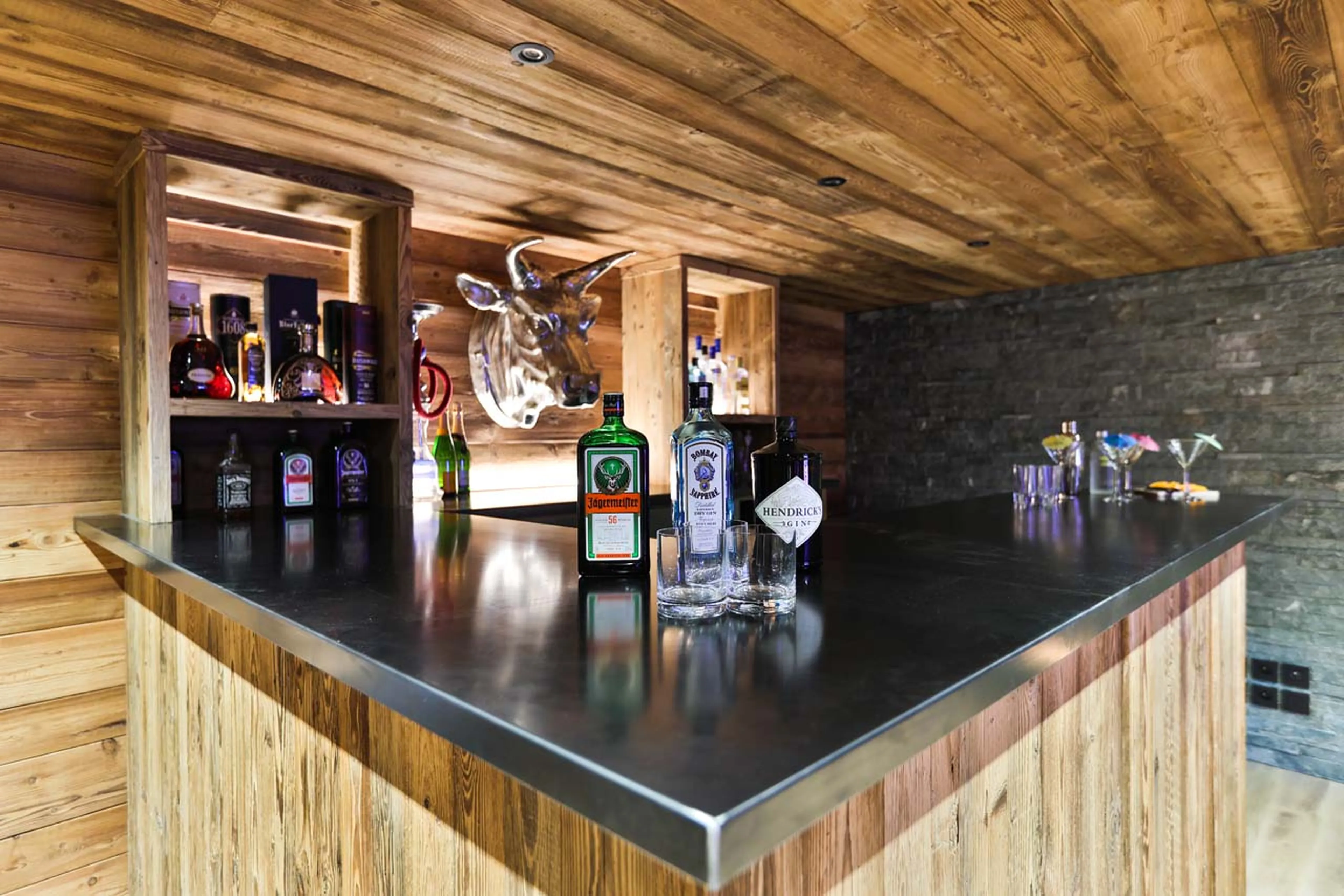 Bar with spirits at Chalet Le Moulin on Chamonix