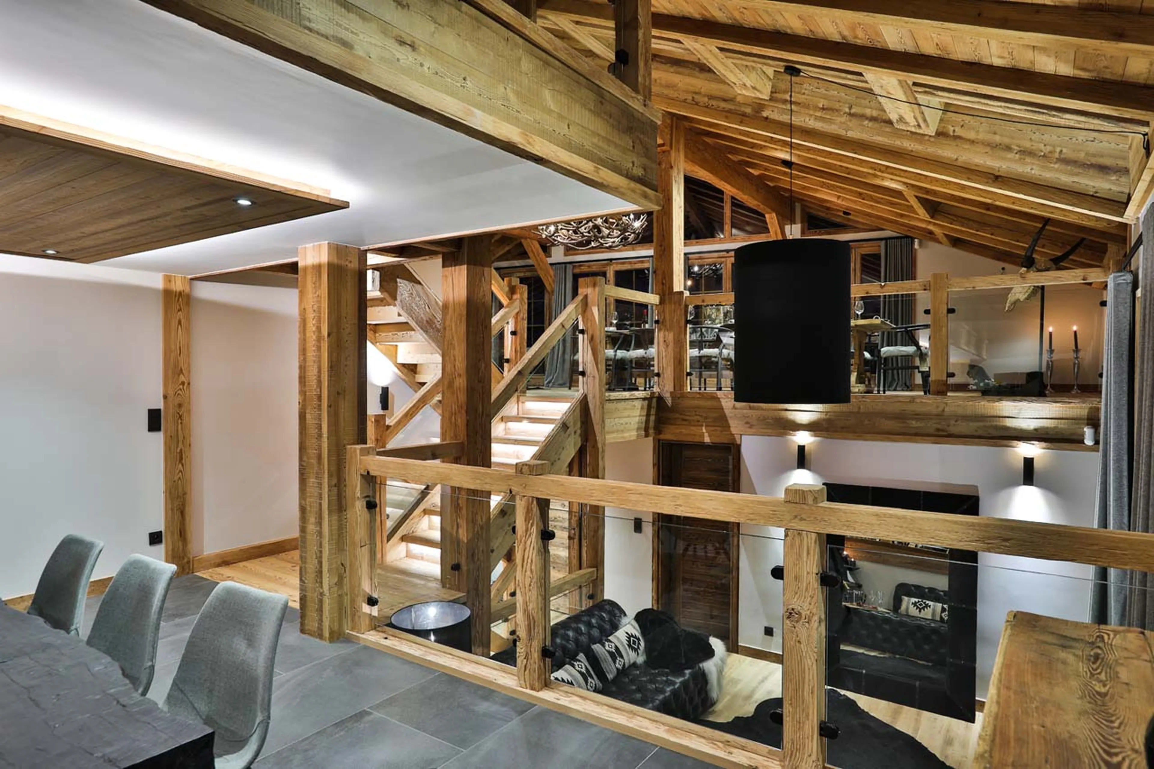 Stairs to living area of Chalet Le Moulin on Chamonix