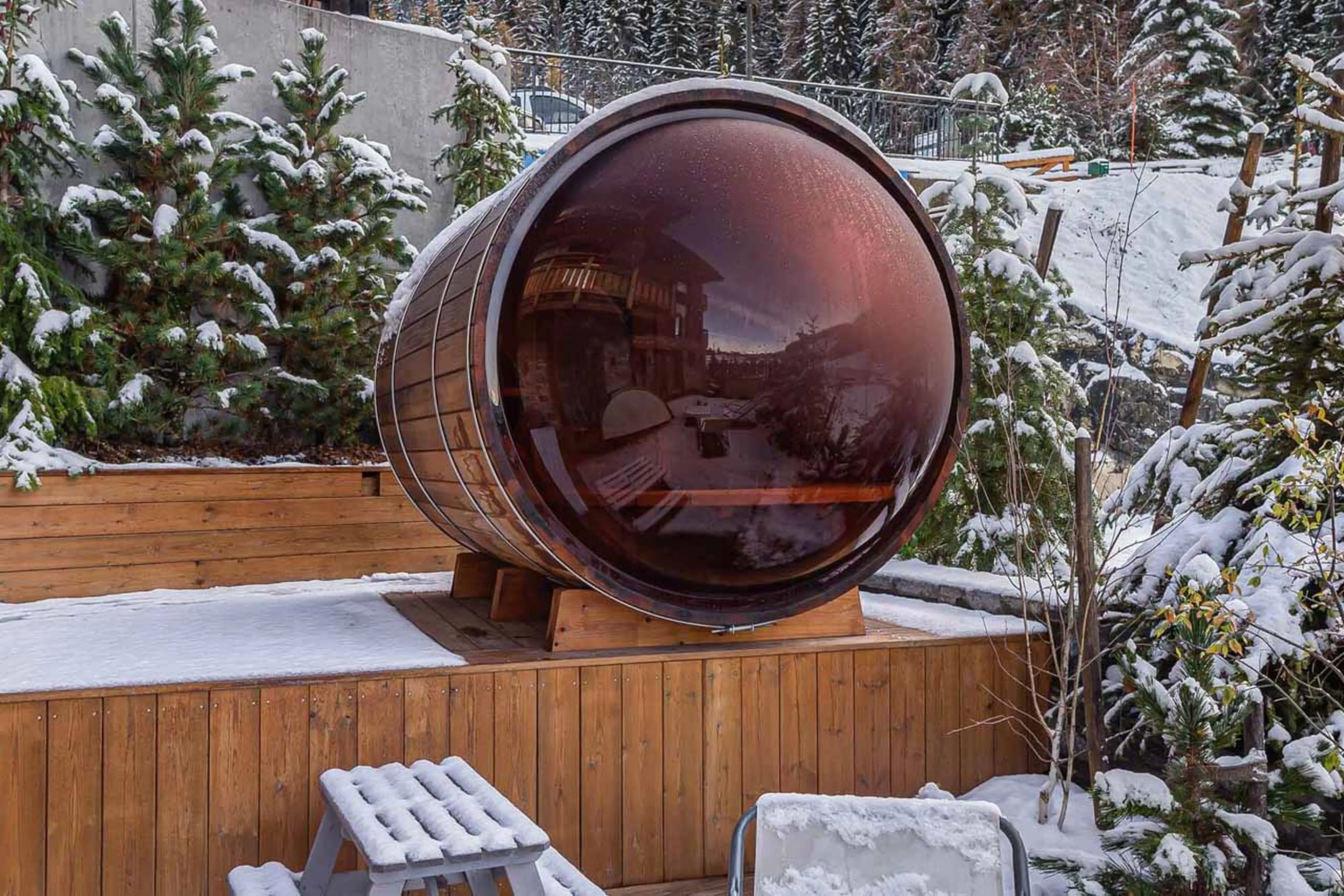 outside Norwegian sauna at Chalet Le Moulin in Courchevel Le Praz