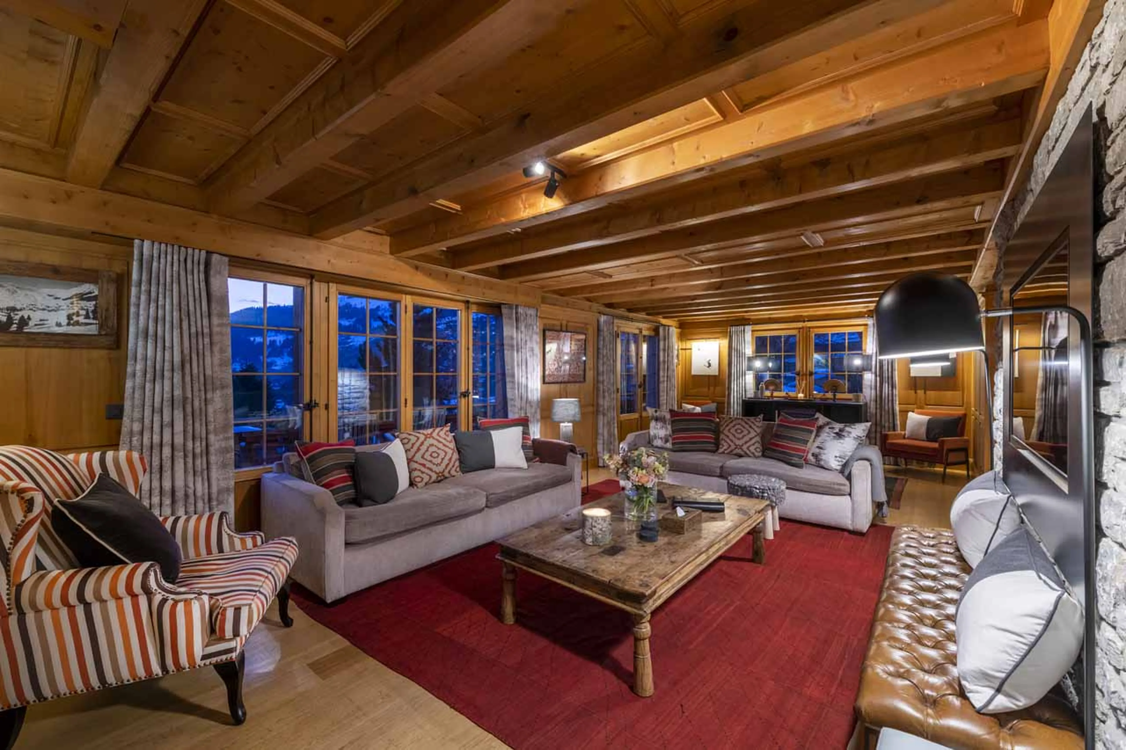 Ample seating in living room of Chalet Les Attelas in Verbier
