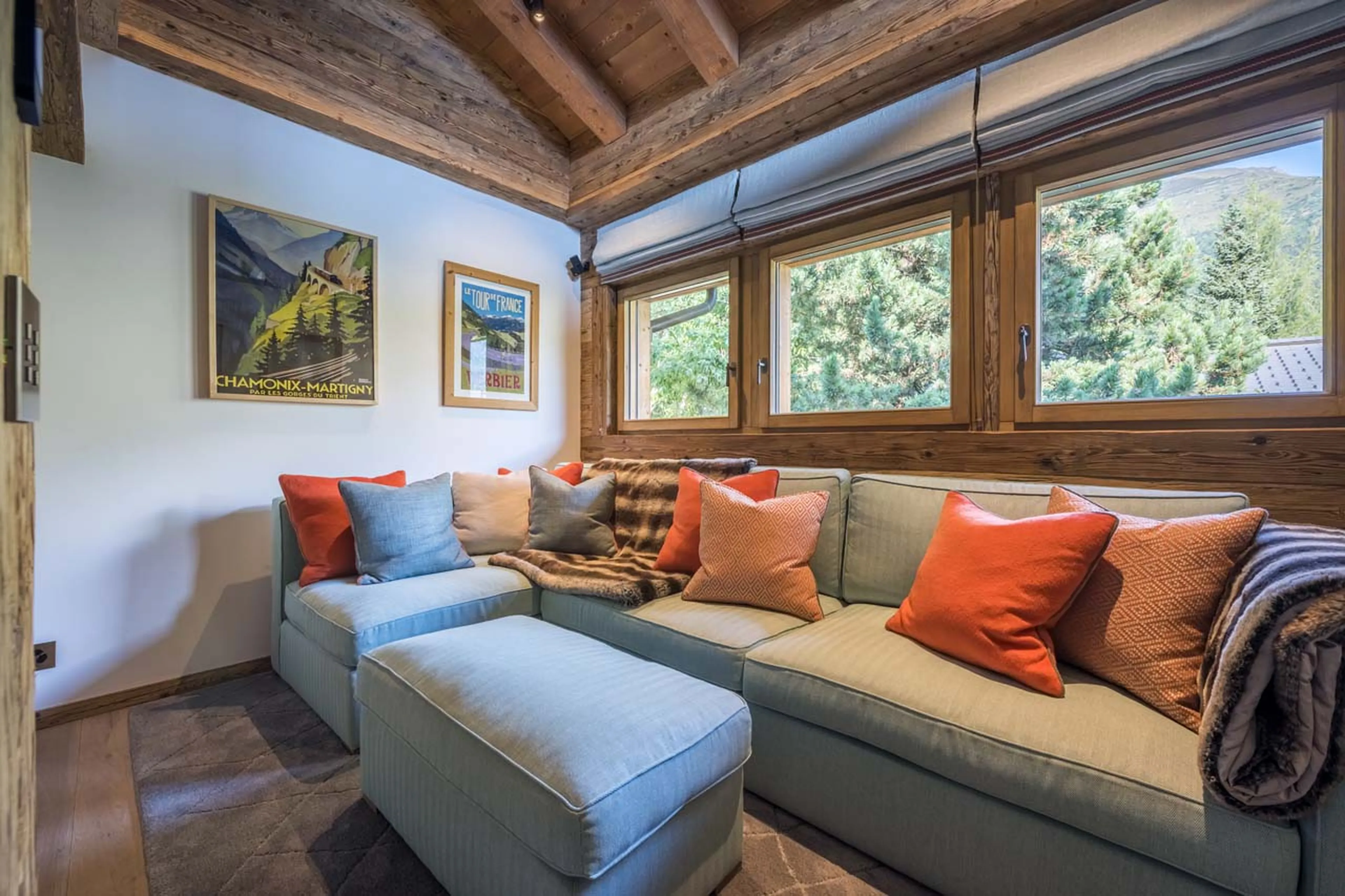 Sofas in TV room at Chalet Les Etrennes in Verbier