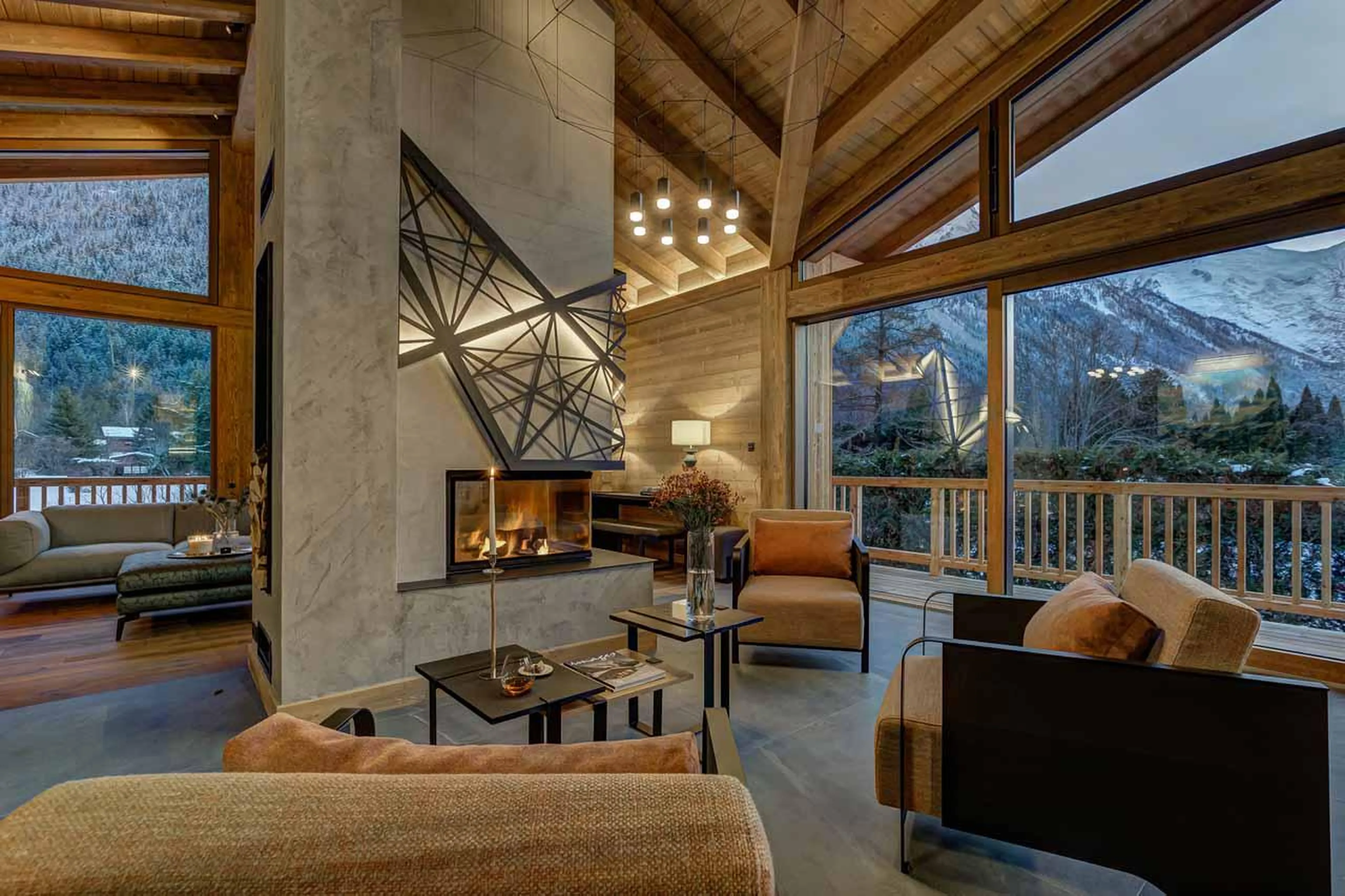 Central fireplace at Chalet Les Melezes in Chamonix