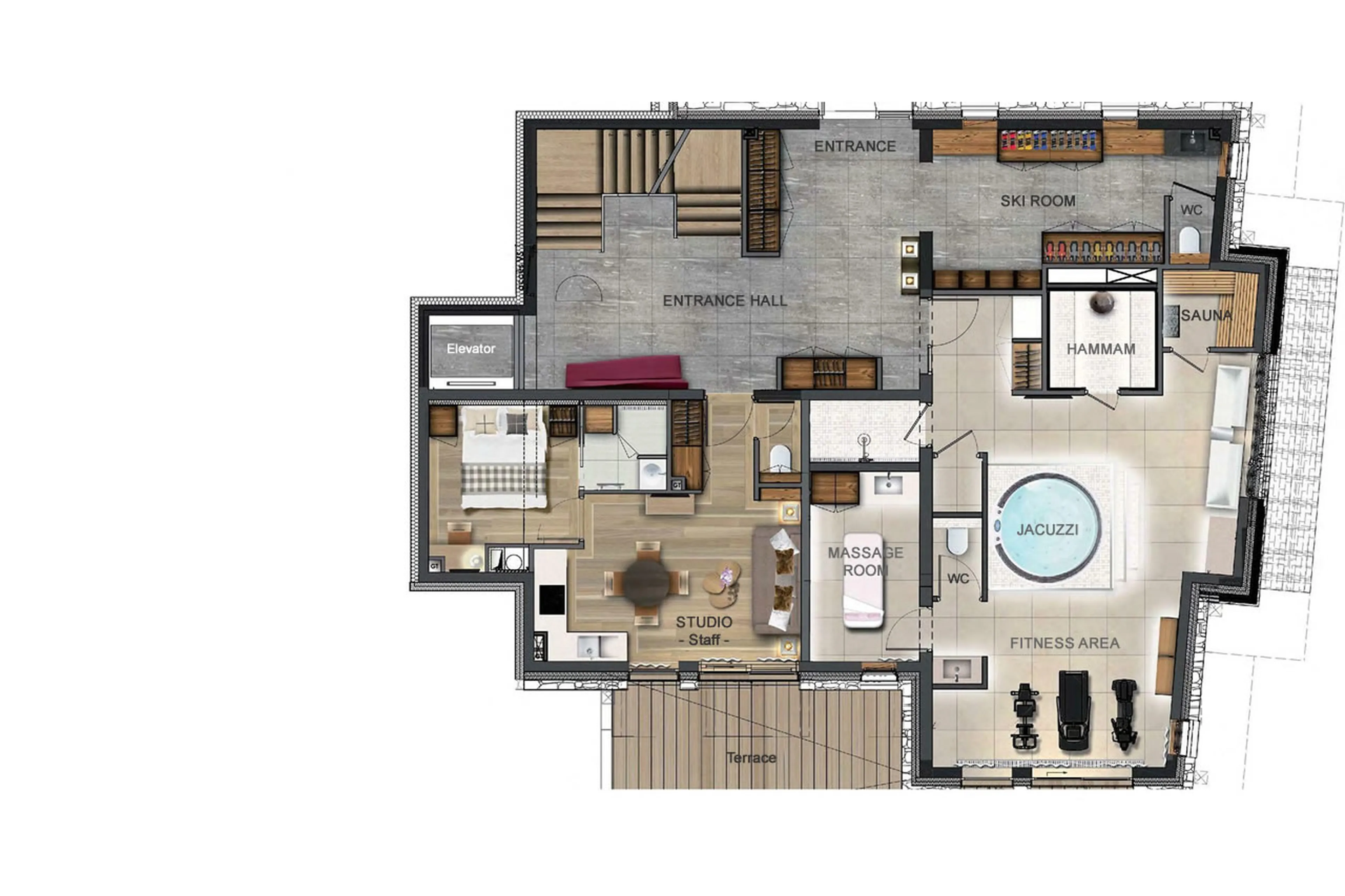 Level 0 floor plan of Chalet Les Sorbiers du Raffort in Meribel