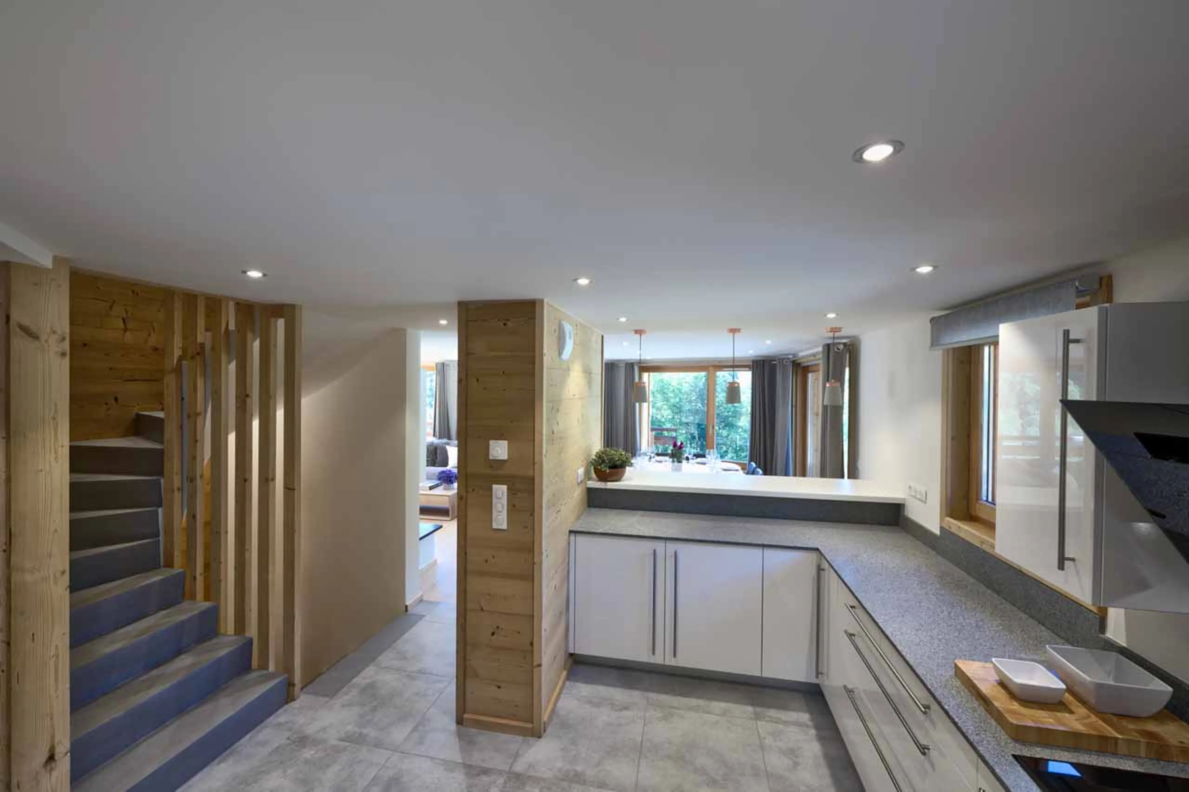 Kitchen and staircase at Chalet Lorne in Morzine