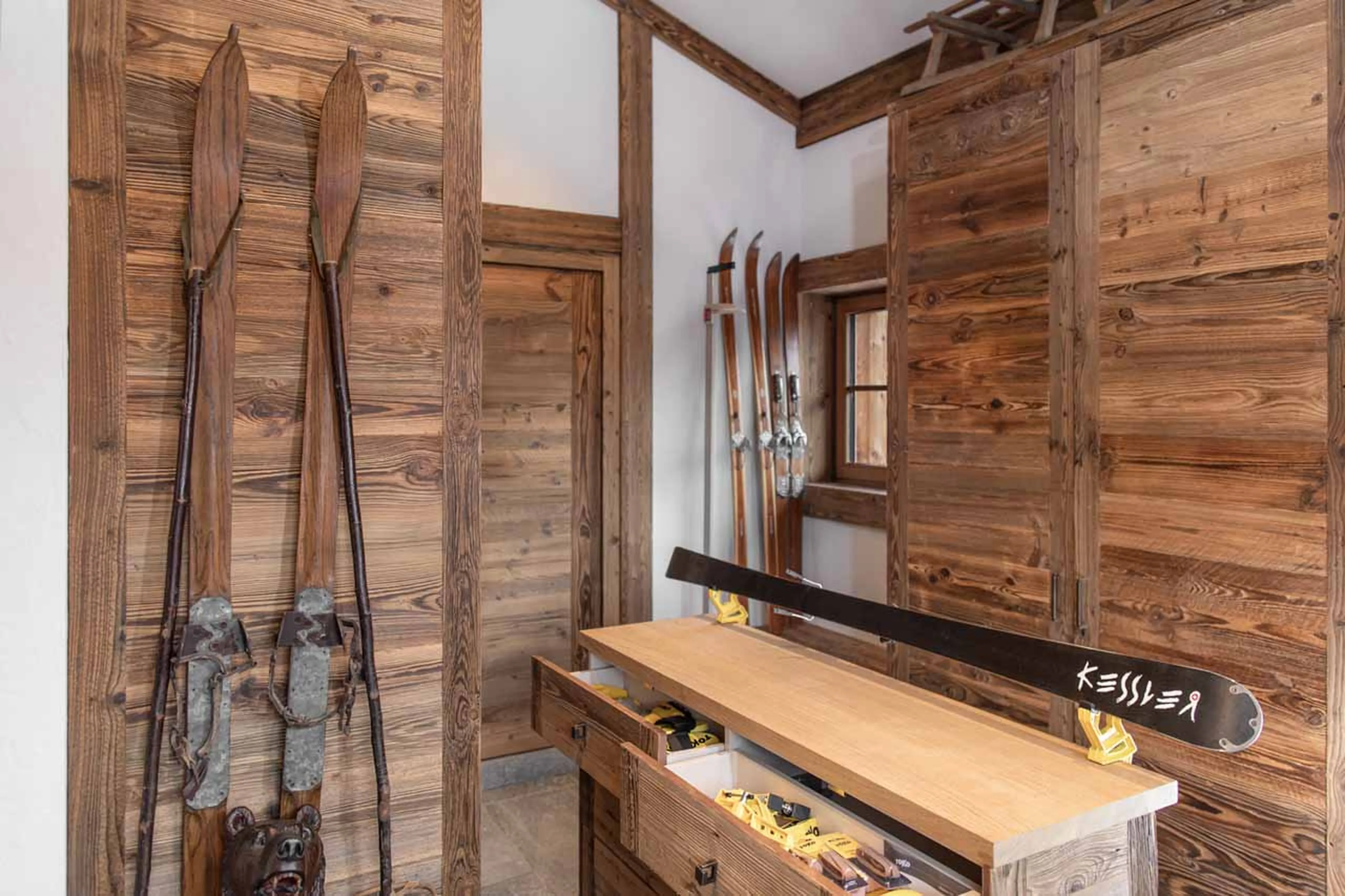 Ski being prepared at Chalet Lycka in Saas Fee