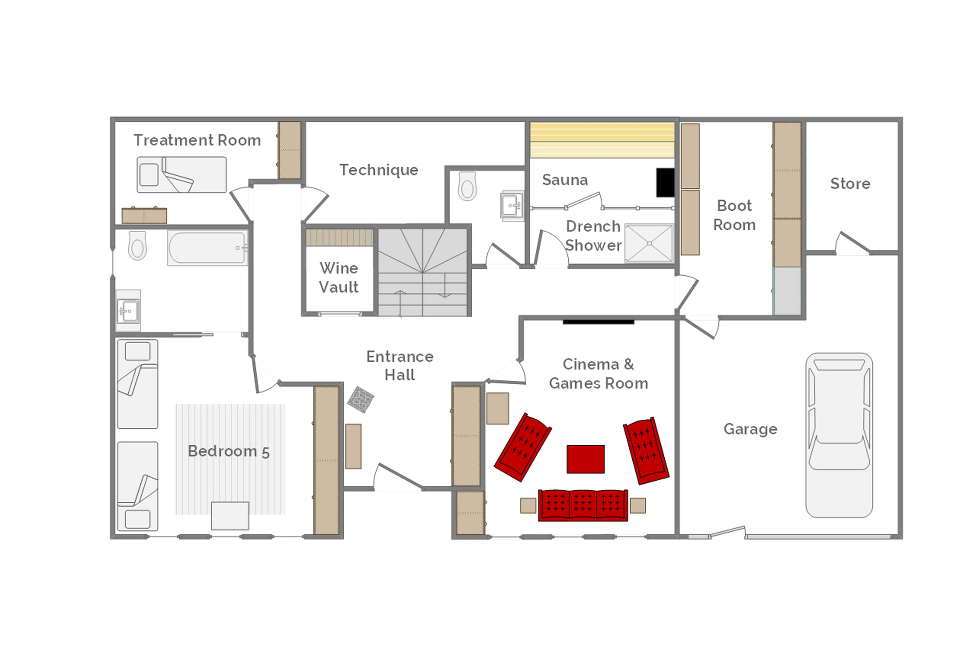 Lower ground level floor plan of Chalet M in Morzine