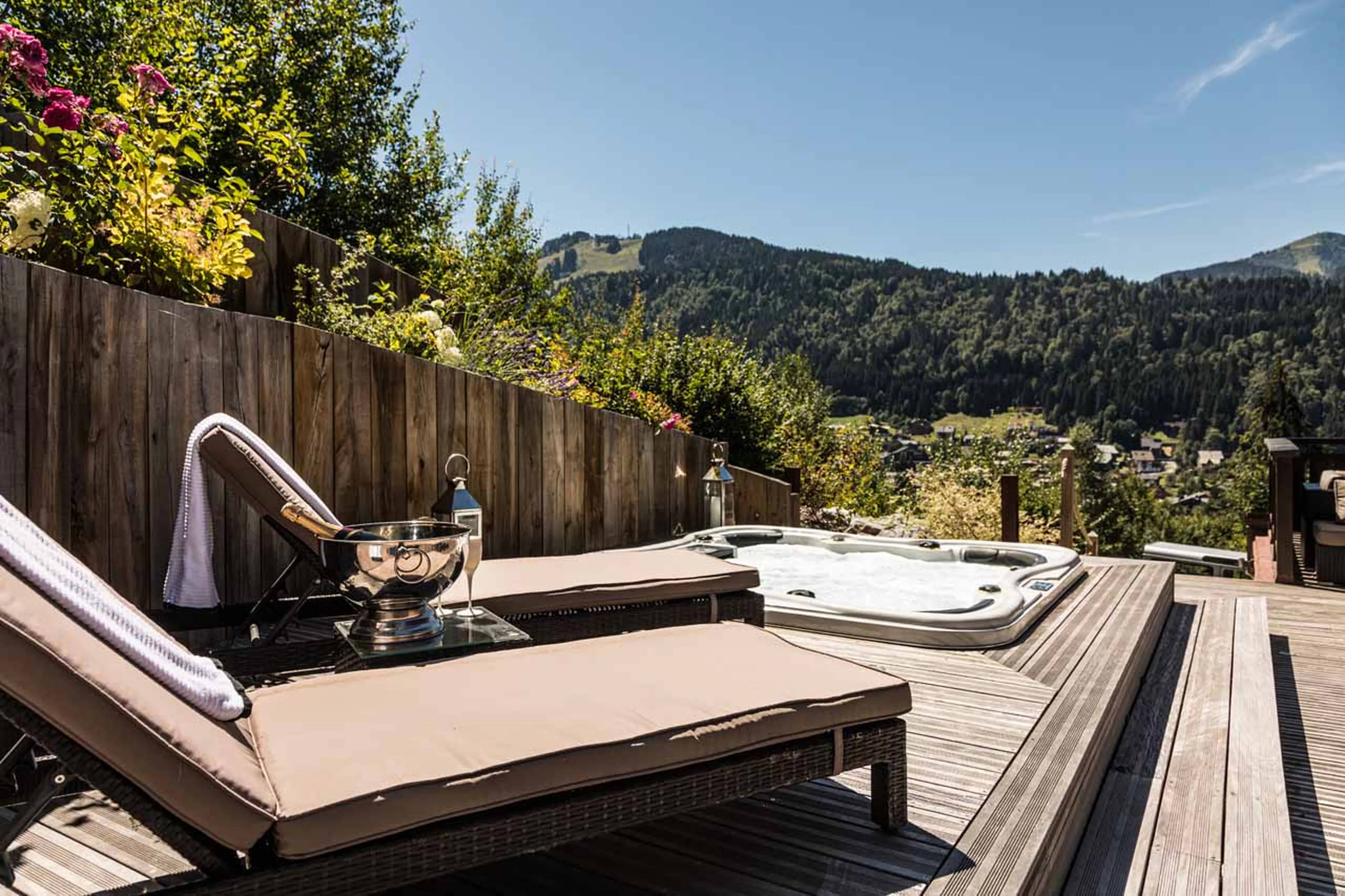 Outdoor loungers at Chalet M in Morzine in summer