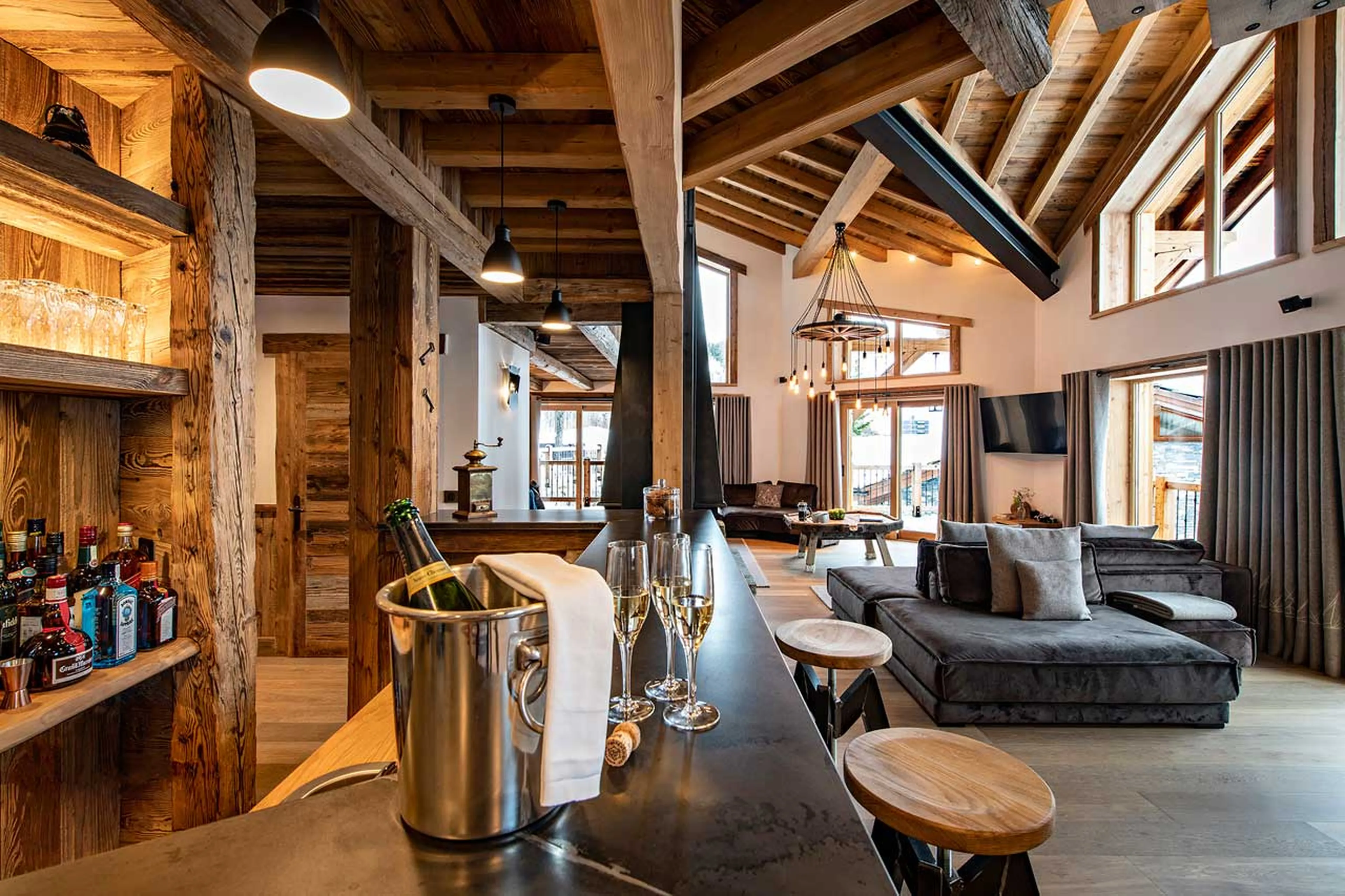 Living and balcony at Chalet Machapuchare in Val d'Isere