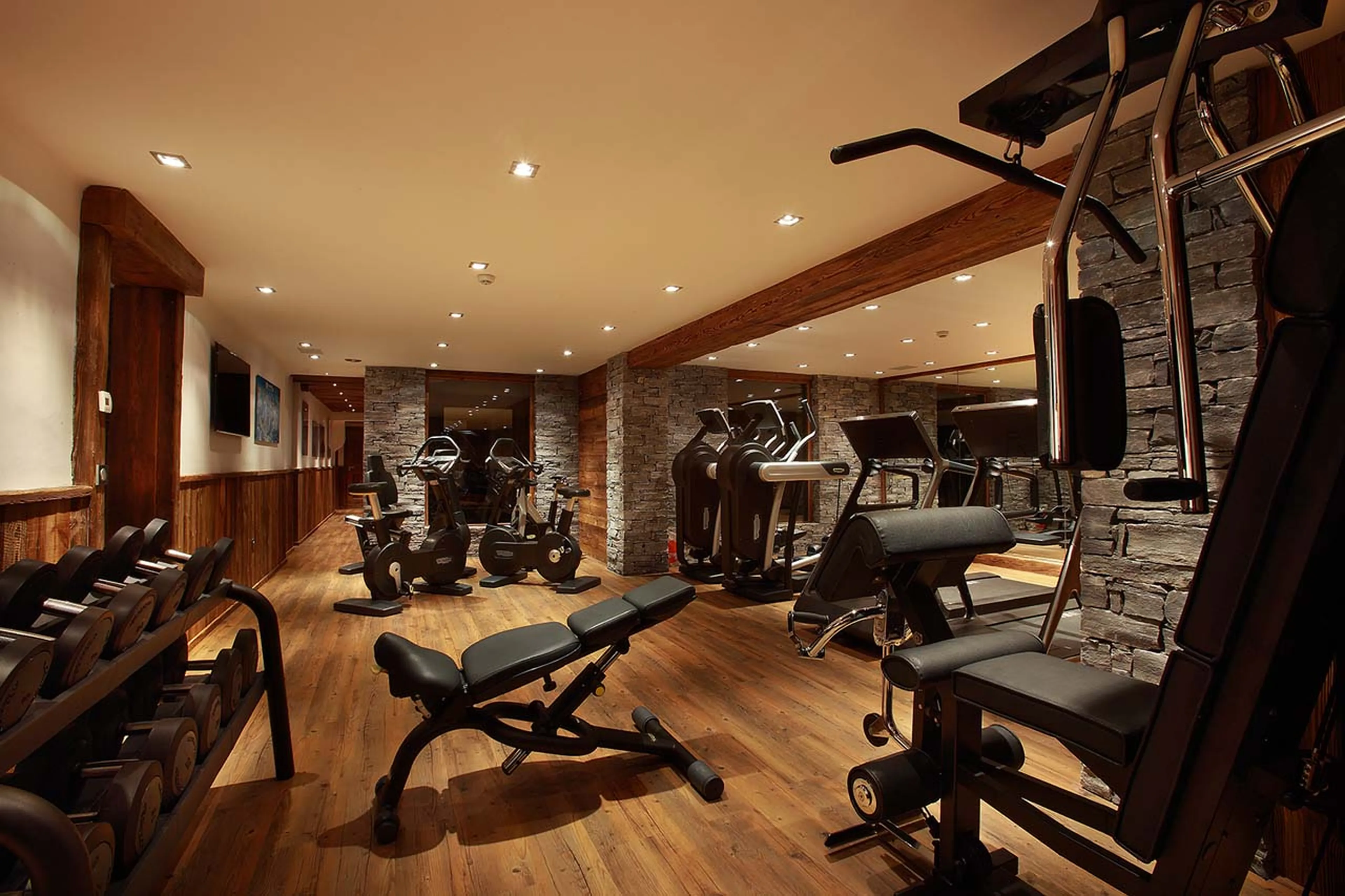 A fully equipped Techno gym is part of the wellness area of Chalet Marco Polo in Val d’ Isere