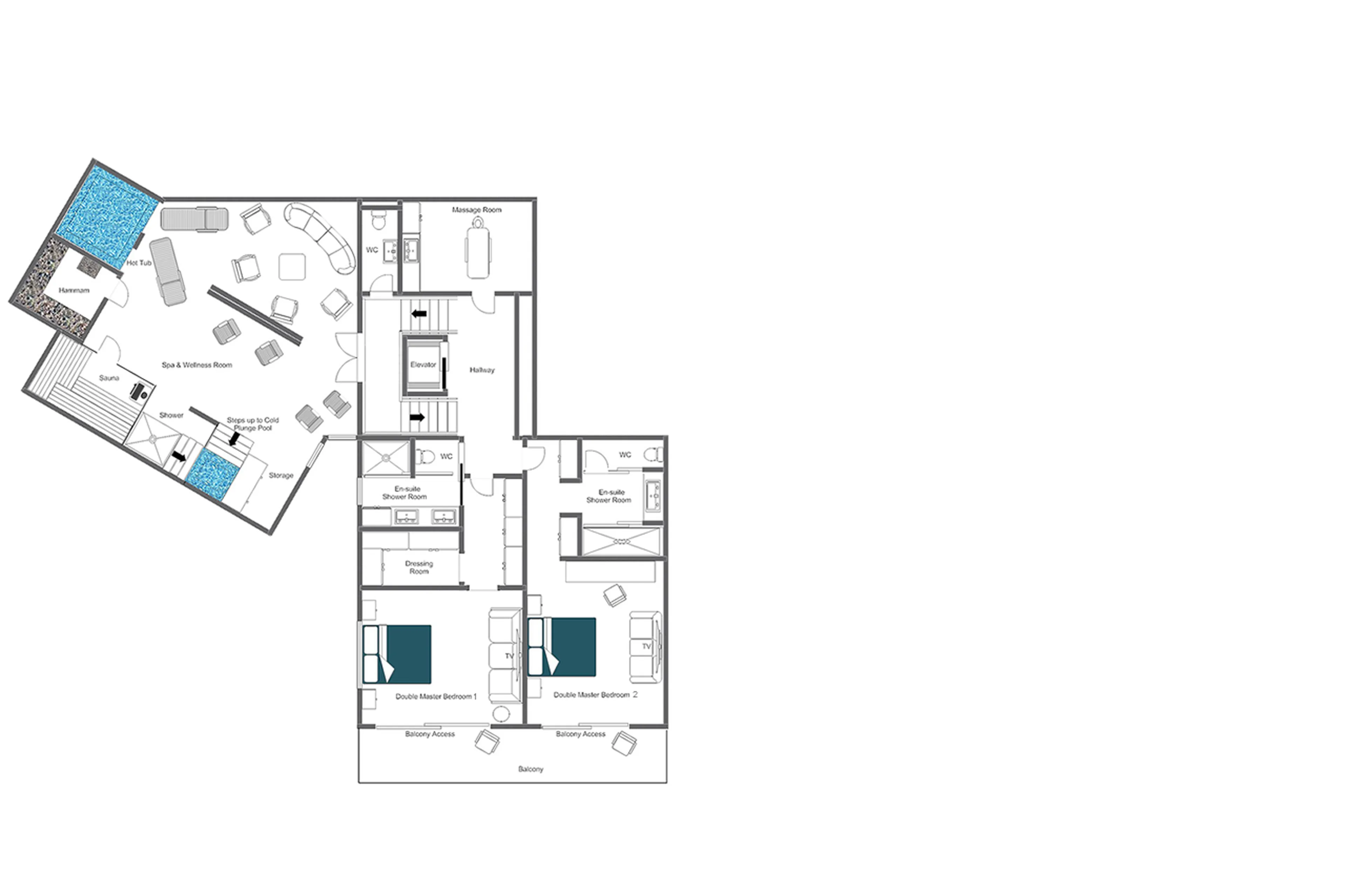Floor plan of second floor in  Chalet Mckinley in Zermatt