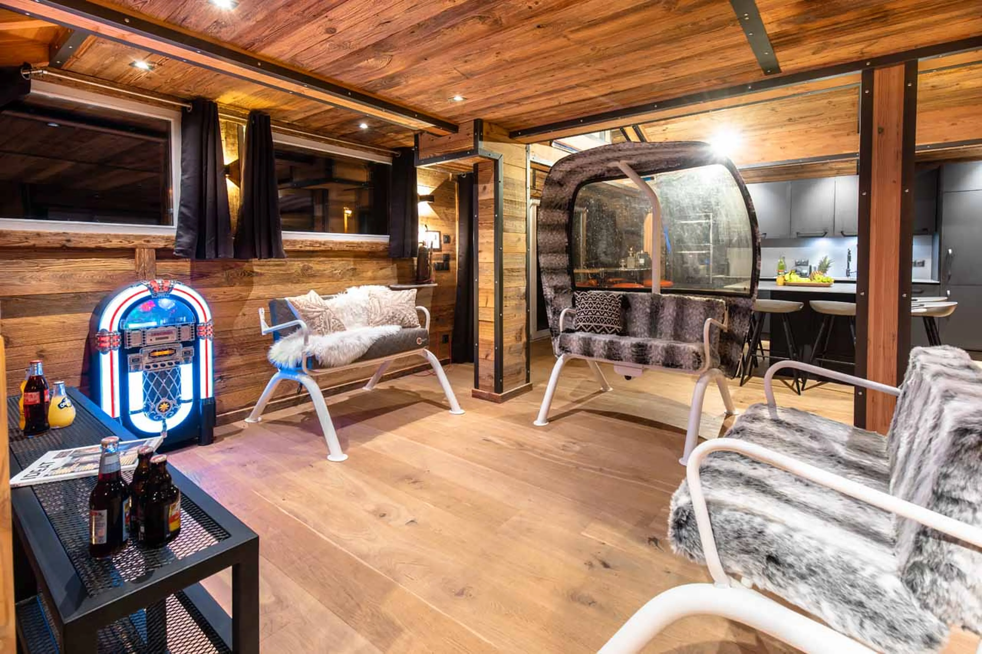 Vintage ski furniture in living room of  Chalet Merveilles in Tignes