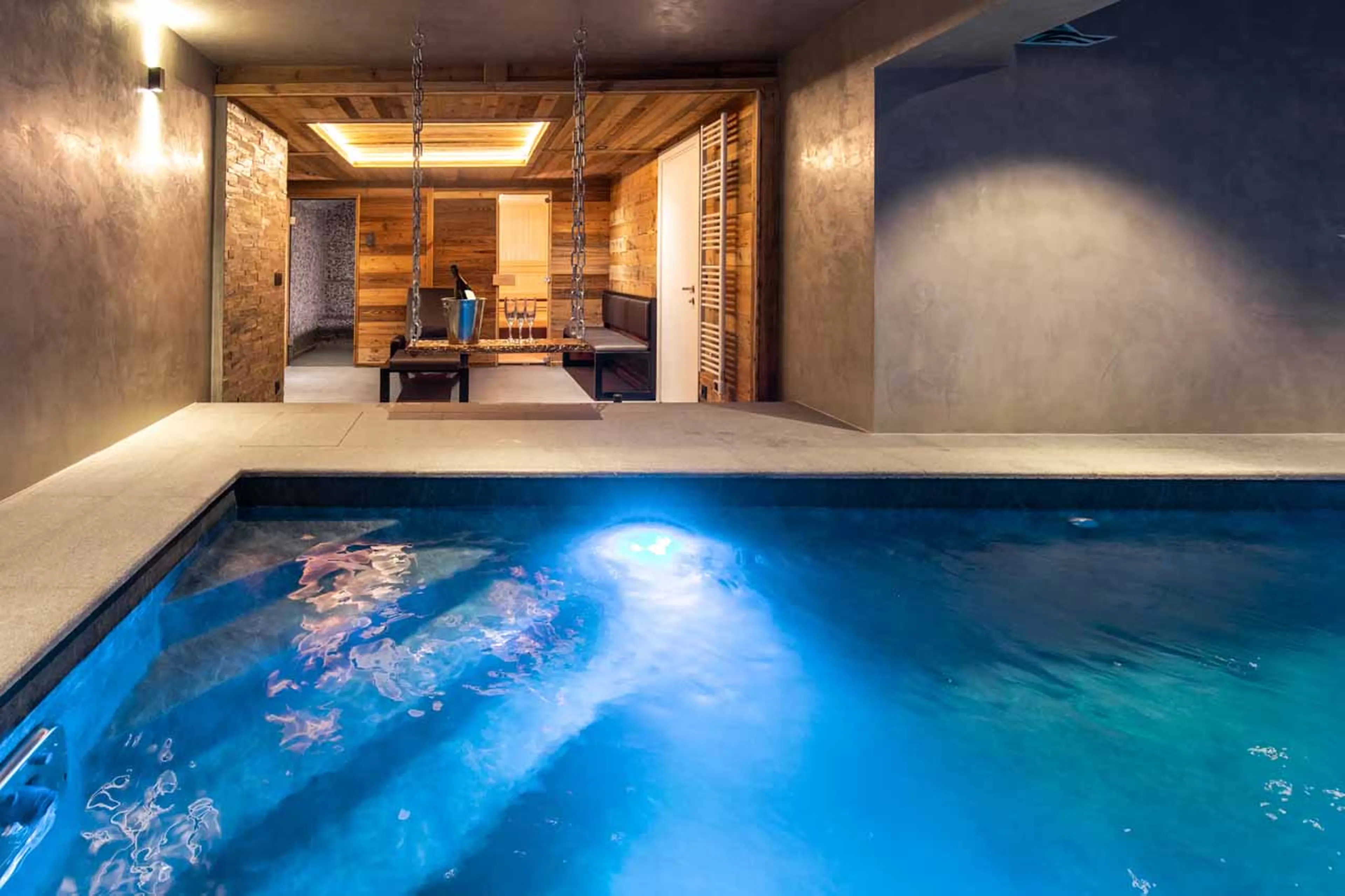 Indoor pool and spa area at  Chalet Merveilles in Tignes