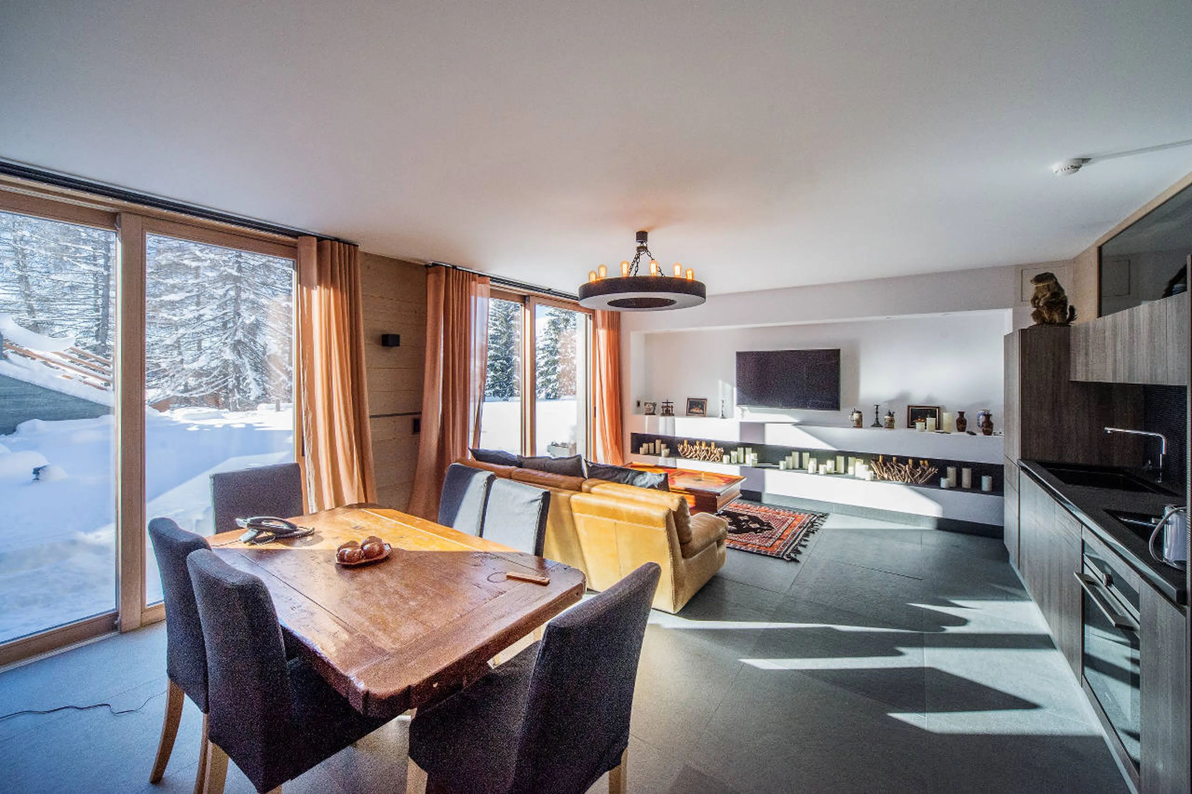 Apartment La Toula in Chalet Migui in Crans-Montana with single-wall kitchen and terrace access