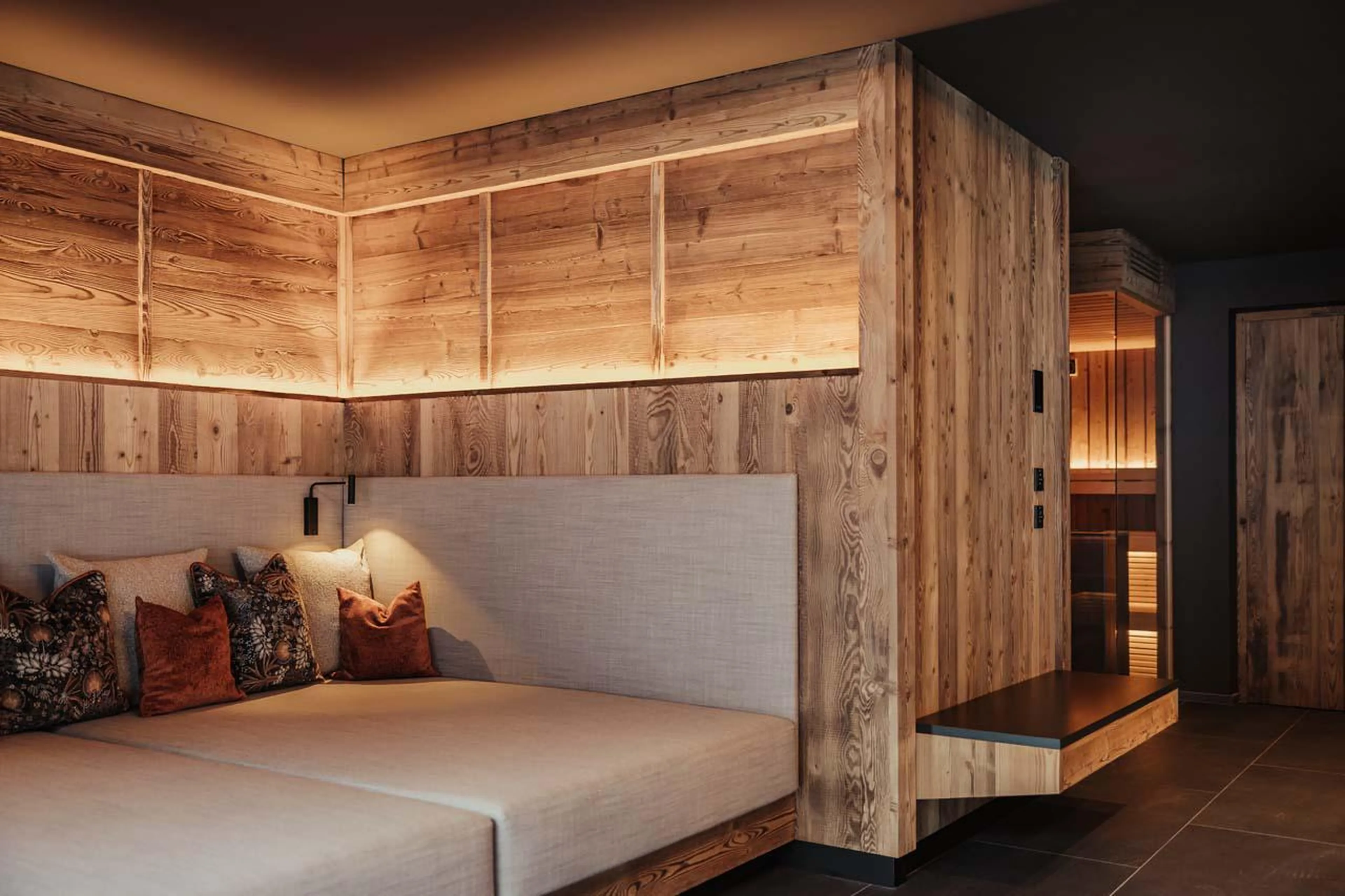 Relaxation area within the spa at Chalet Mile 1 in Val Gardena