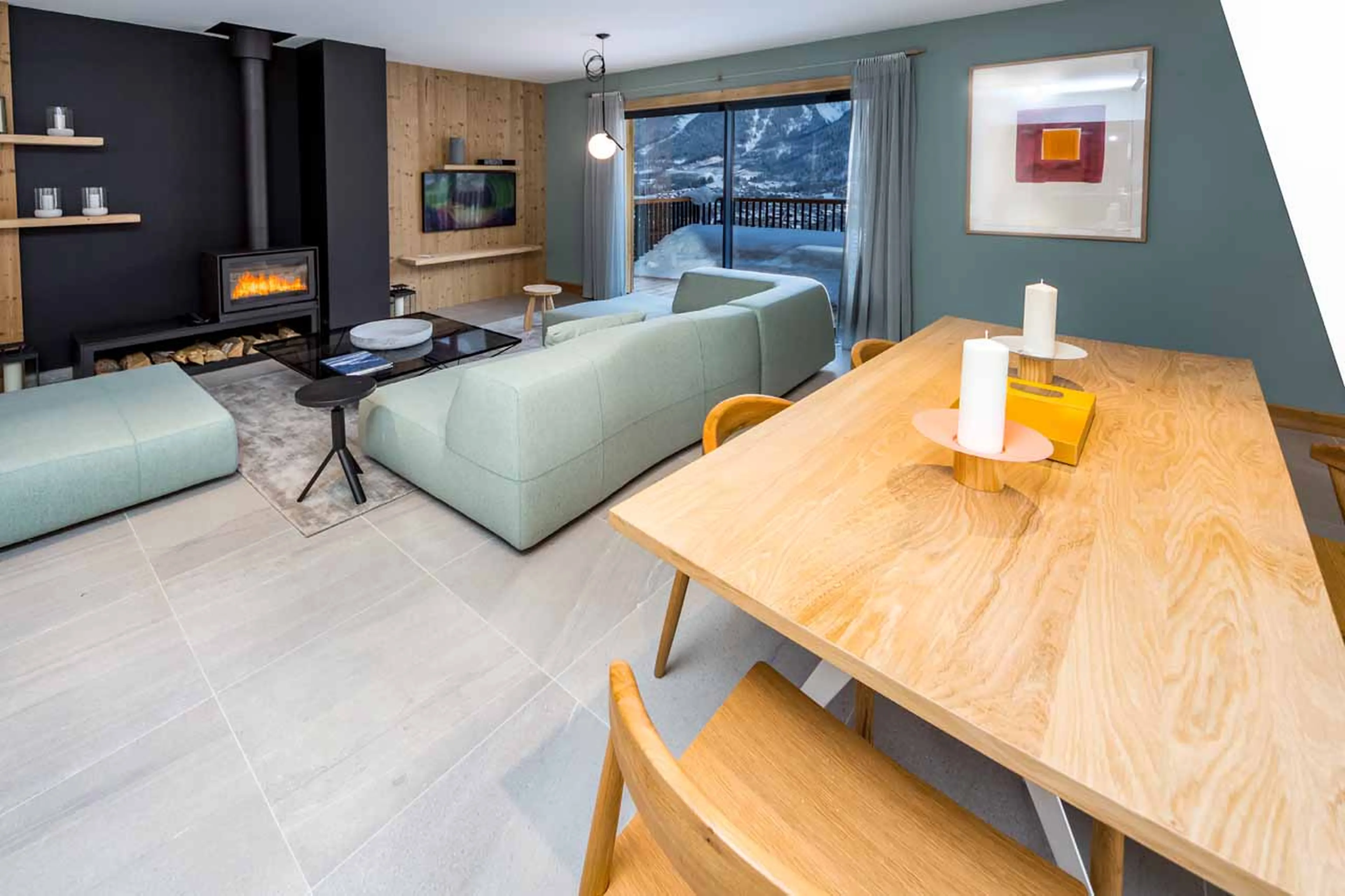 Fireplace in second floor living area at Le Chalet Mont Blanc in Chamonix