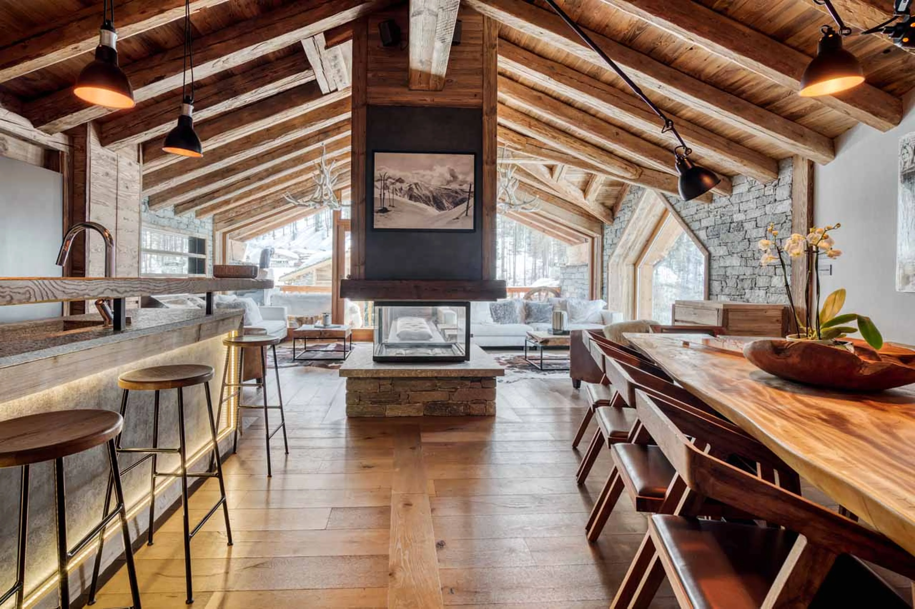 Living area fireplace at Chalet Oly in Val d'Isere
