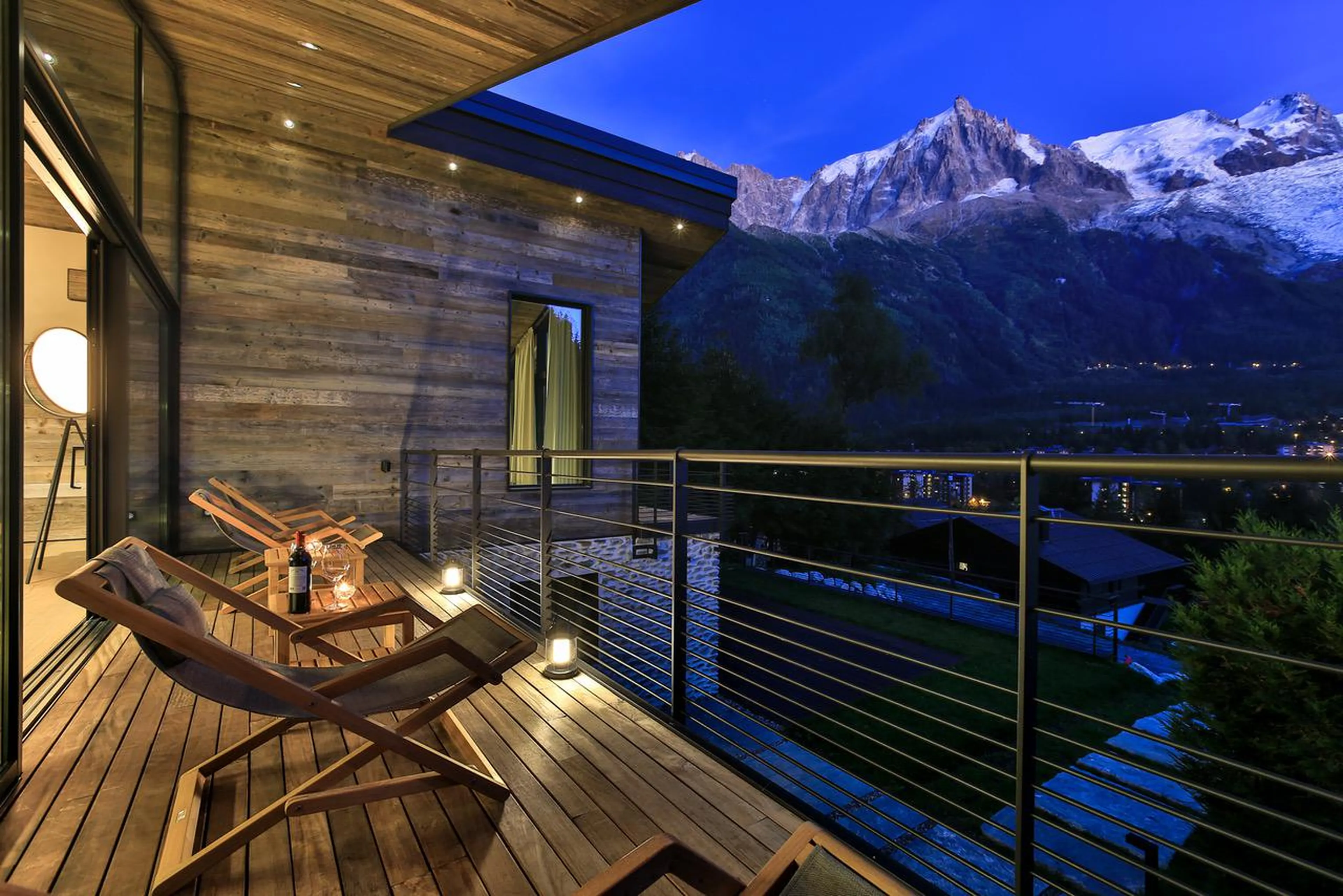 Balcony views at night from Chalet On The Rocks in Chamonix