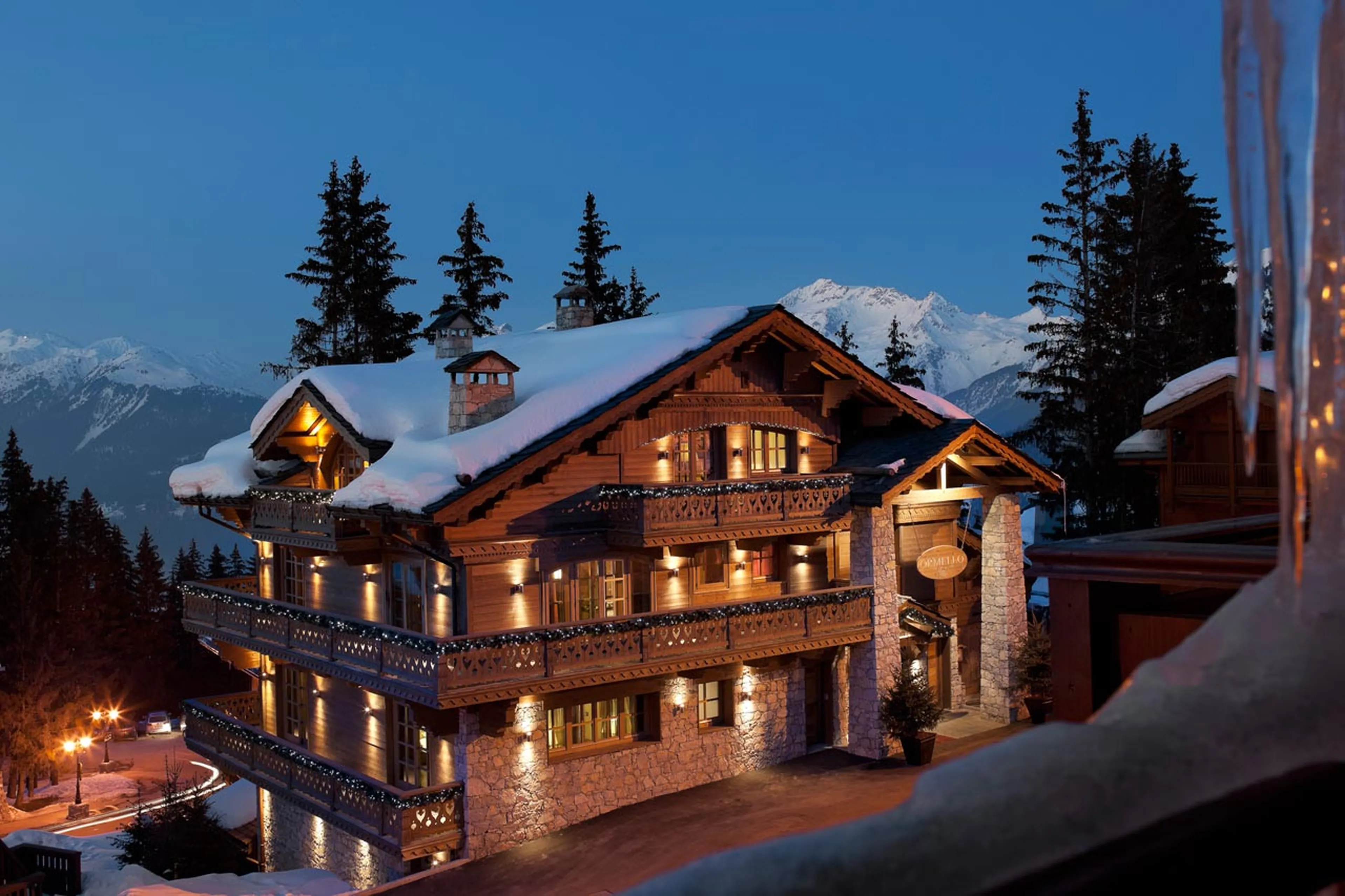 Night view of the exterior of Chalet Ormello located near the centre of Courchevel 1850