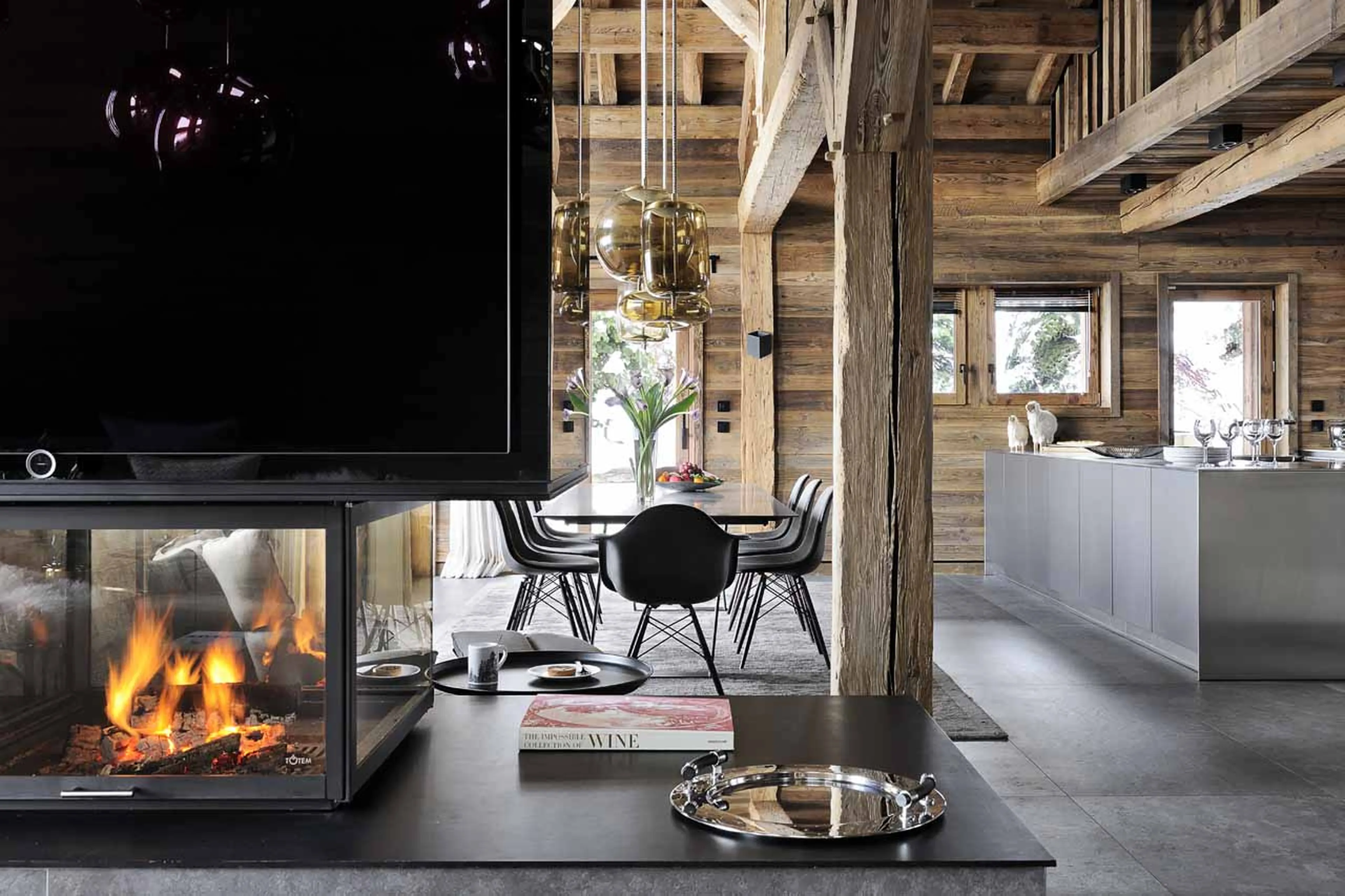 Central fireplace at Chalet Otoctone in Megeve