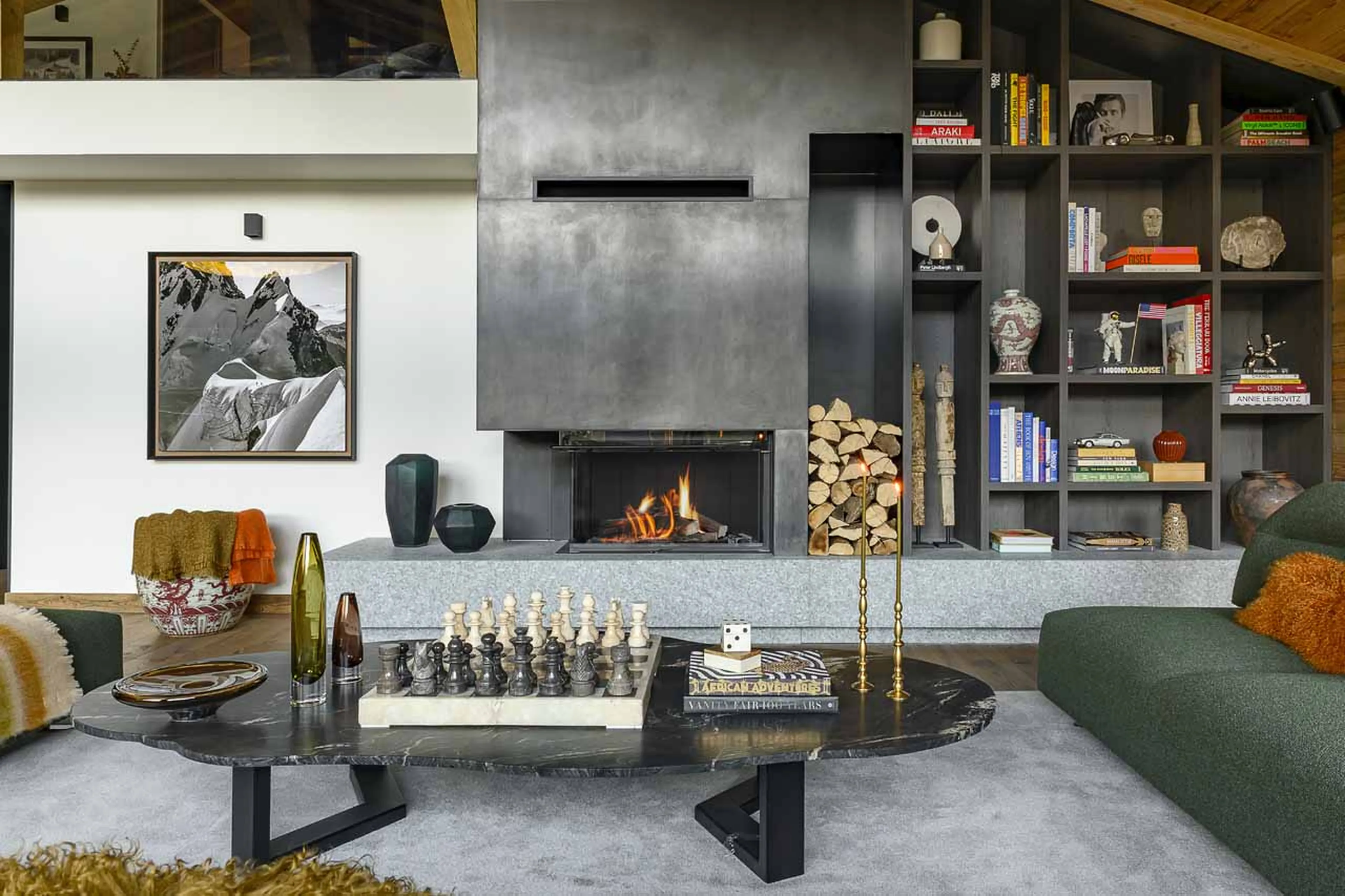 Living area fireplace at Chalet Patagonia in Chamonix