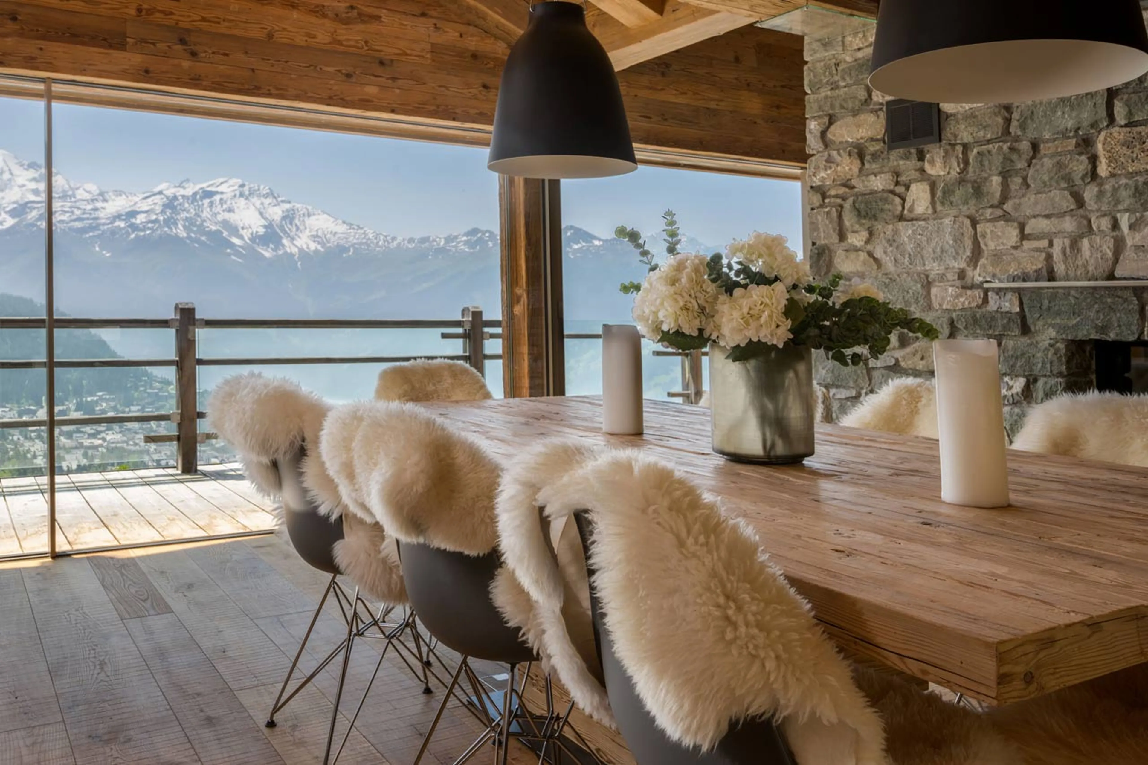 Mountain views from dining table at Chalet Petheo in Verbier