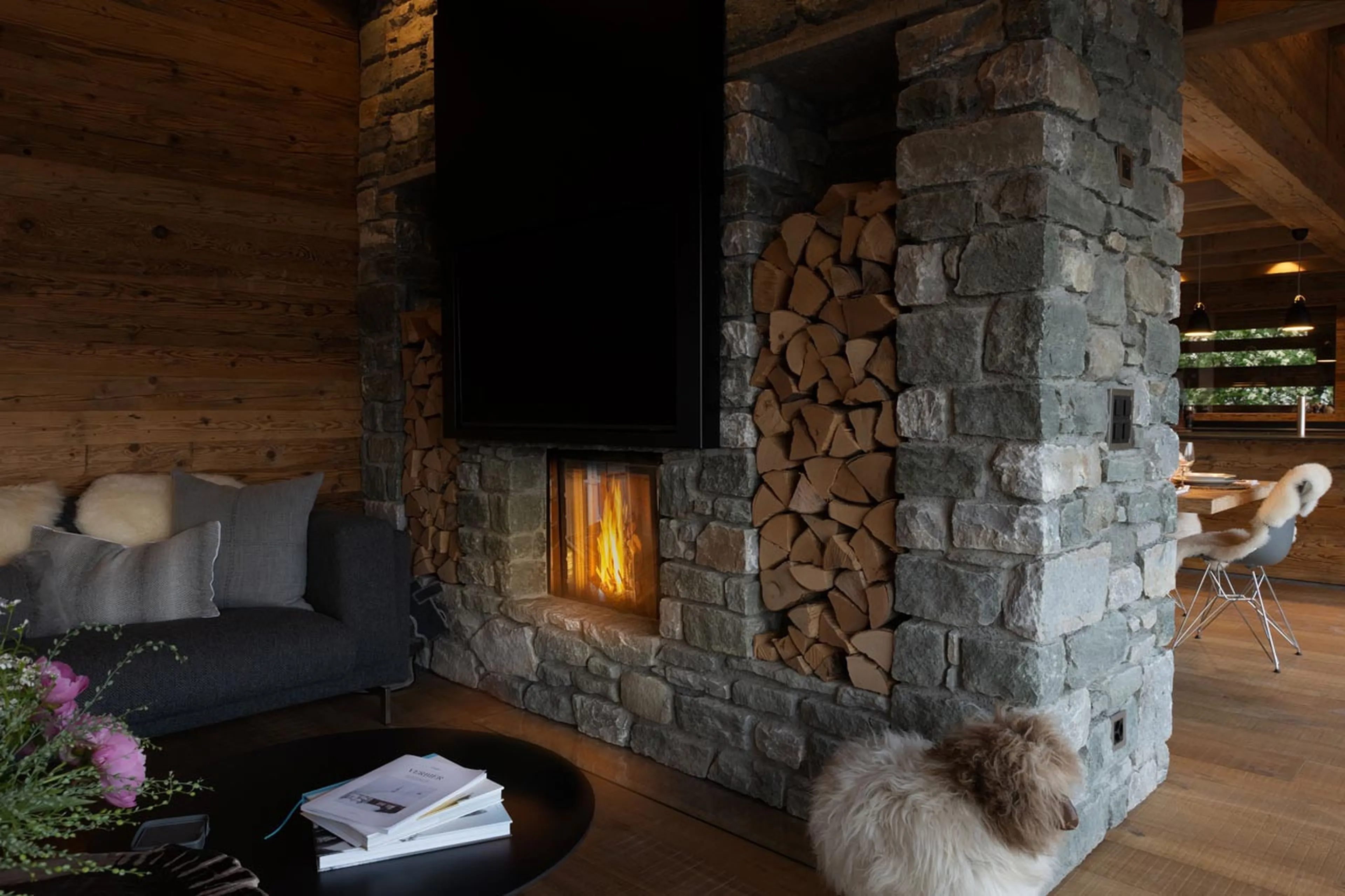 Wood-burning fireplace at Chalet Petheo in Verbier