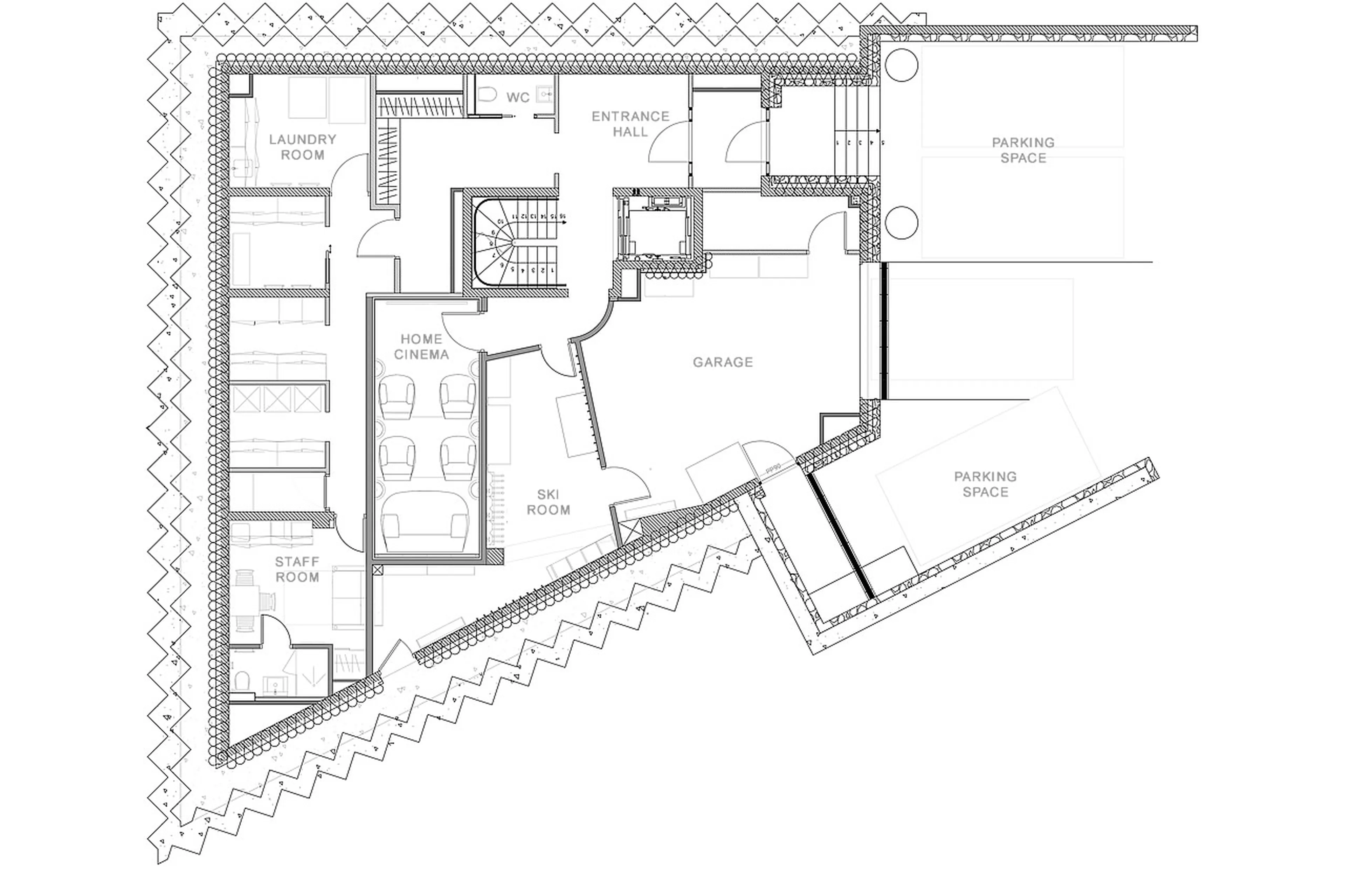 Level 0 floor plans of Chalet Pow Pow, Courchevel 1850