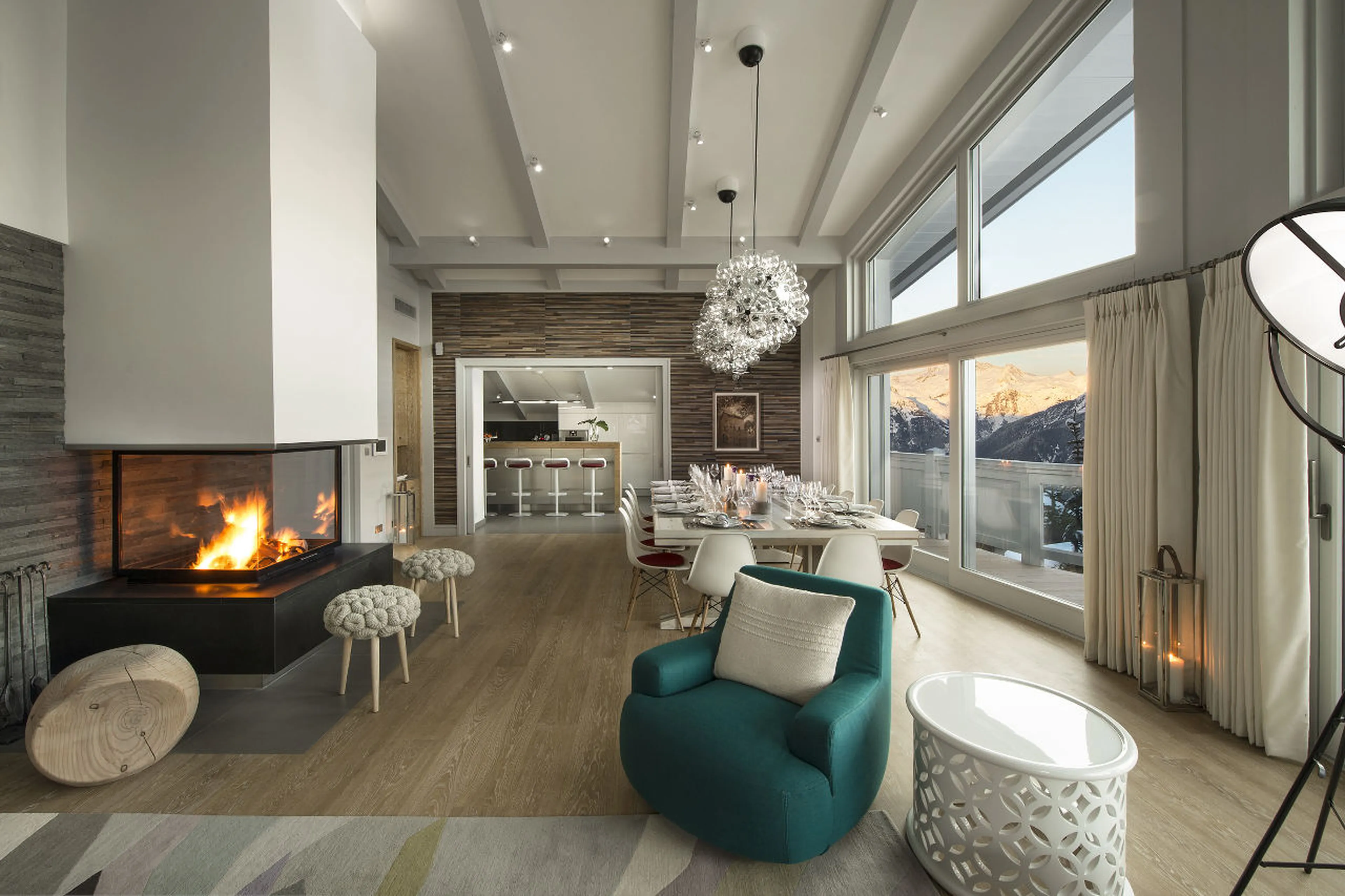 Open plan living and dining area in Chalet Pow Pow, Courchevel 1850