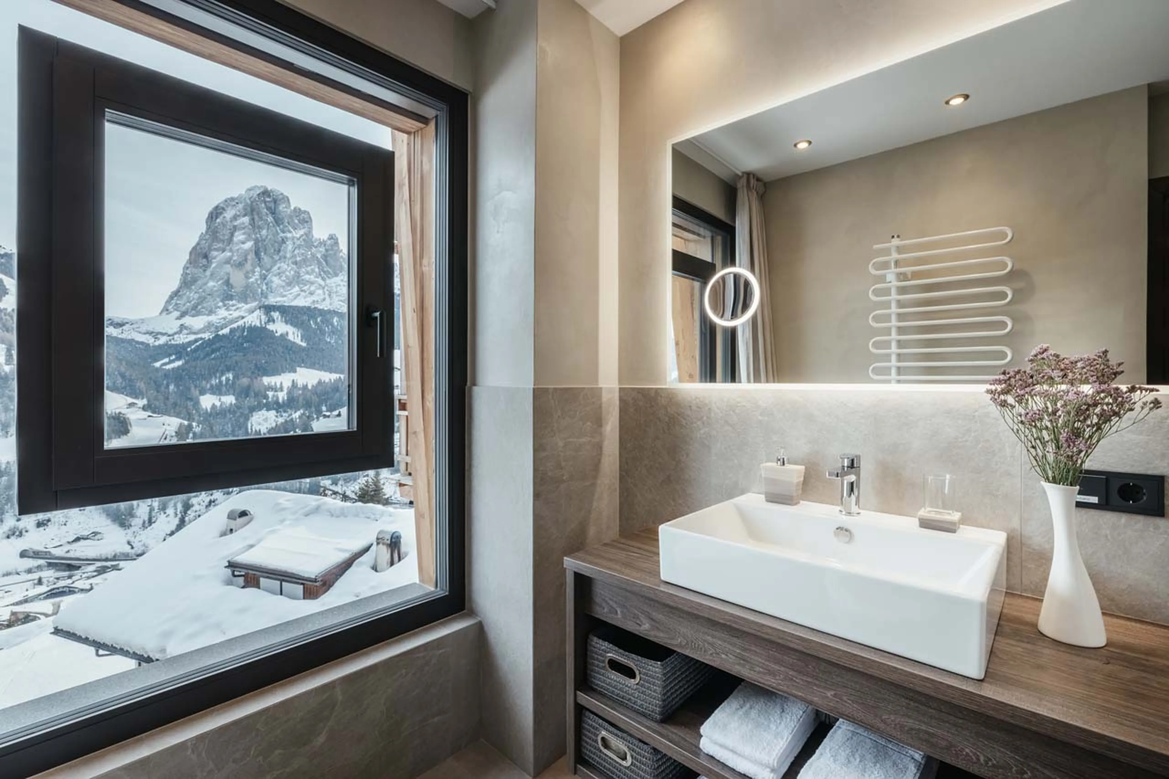 Mountain views through the window in en-suite in Chalet Robin, Val Gardena