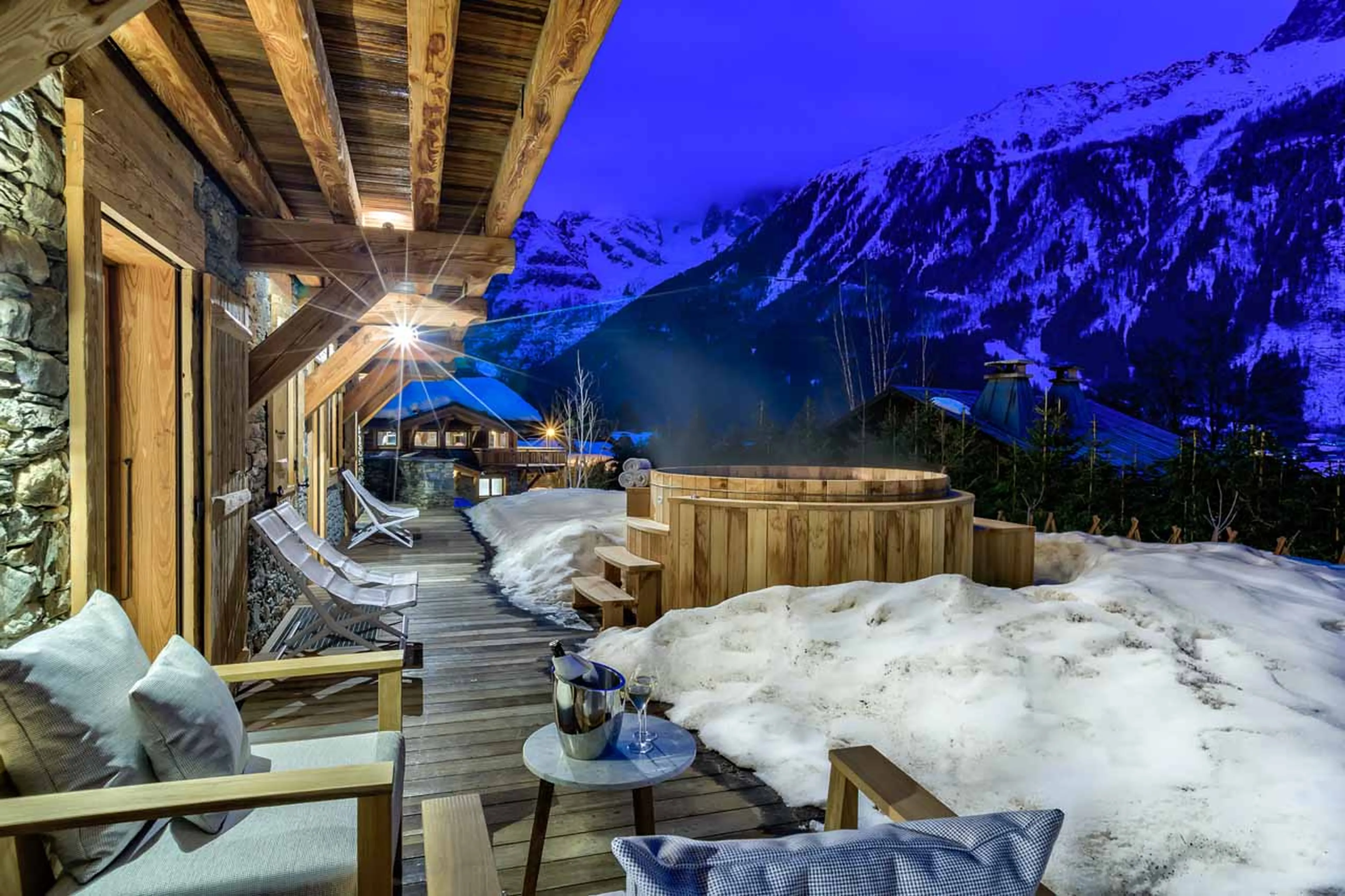 Terrace at night at Chalet Saphir in Chamonix