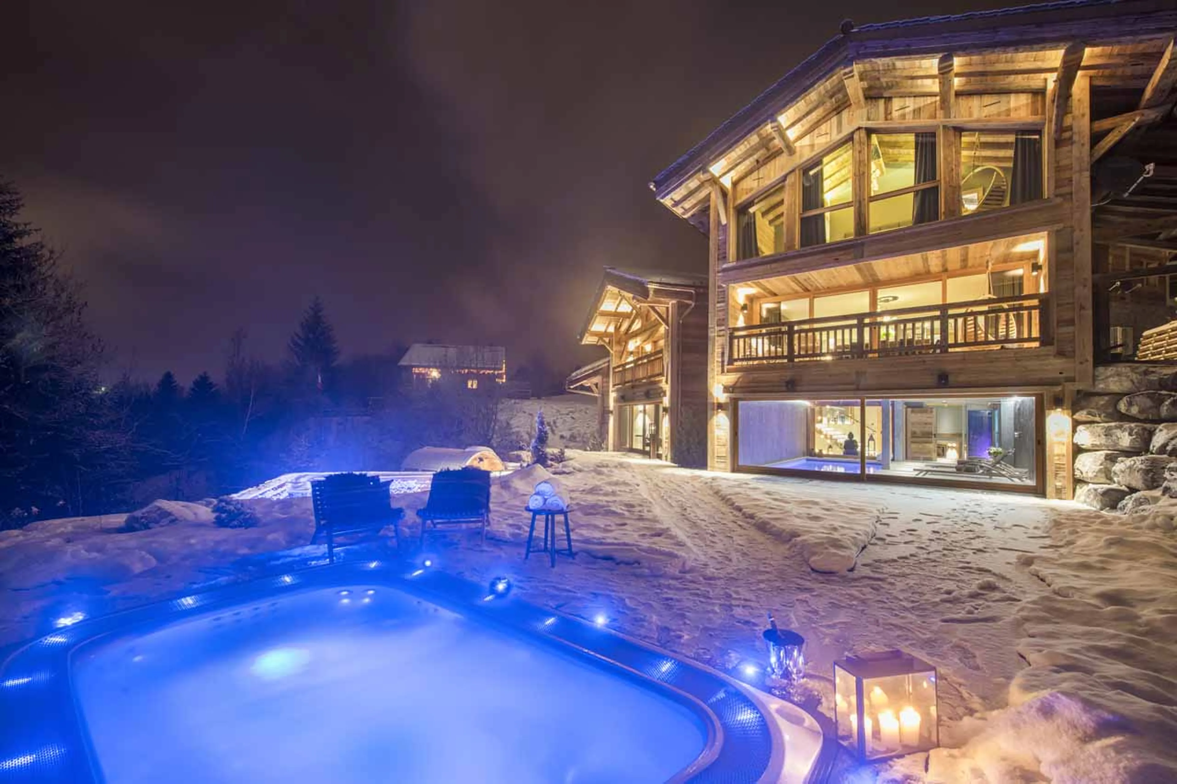 Exterior and outdoor hot tub at the Sapphire Estate in Morzine