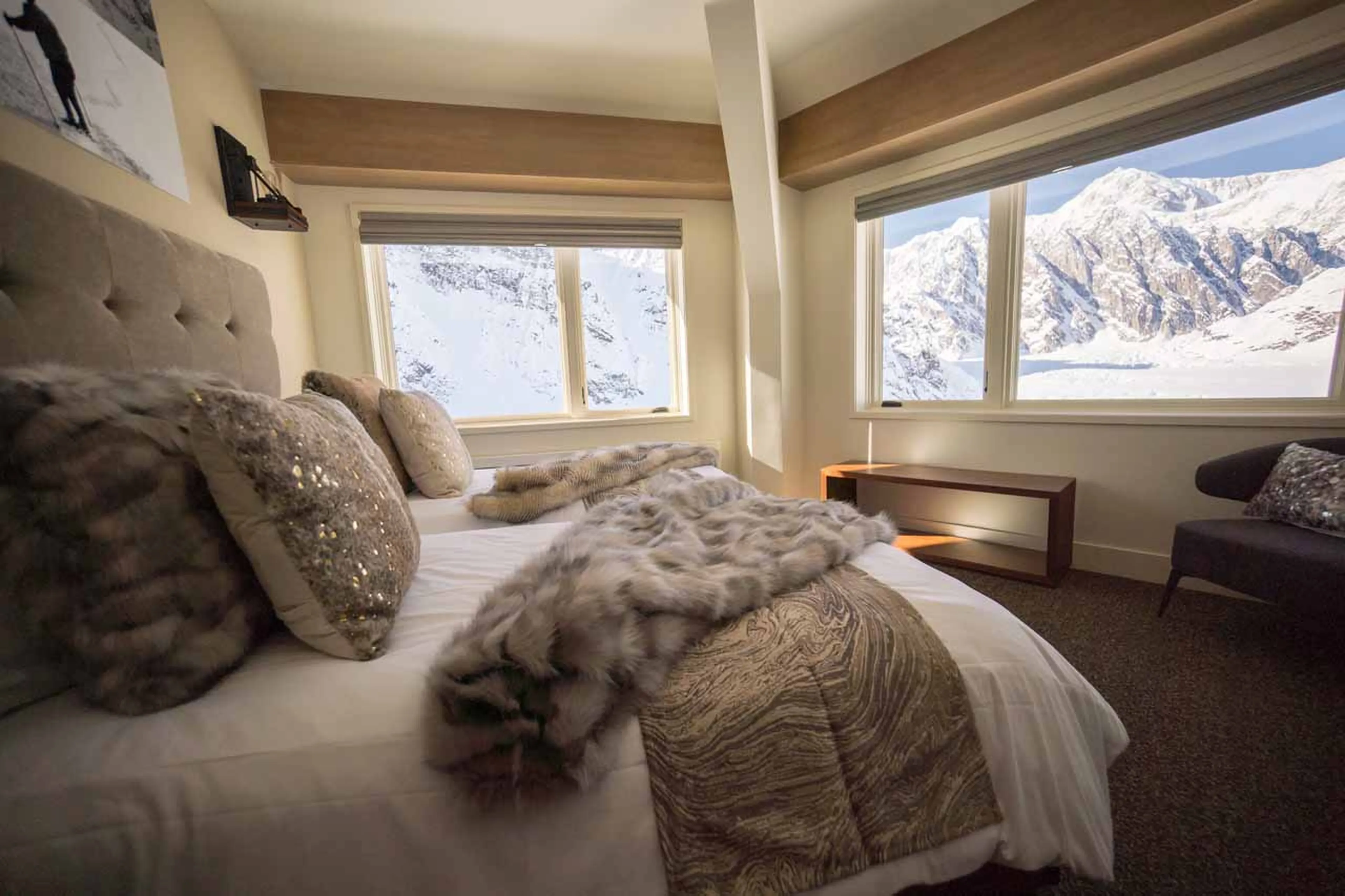 Mountain views from bedroom at Sheldon Chalet in Alaska