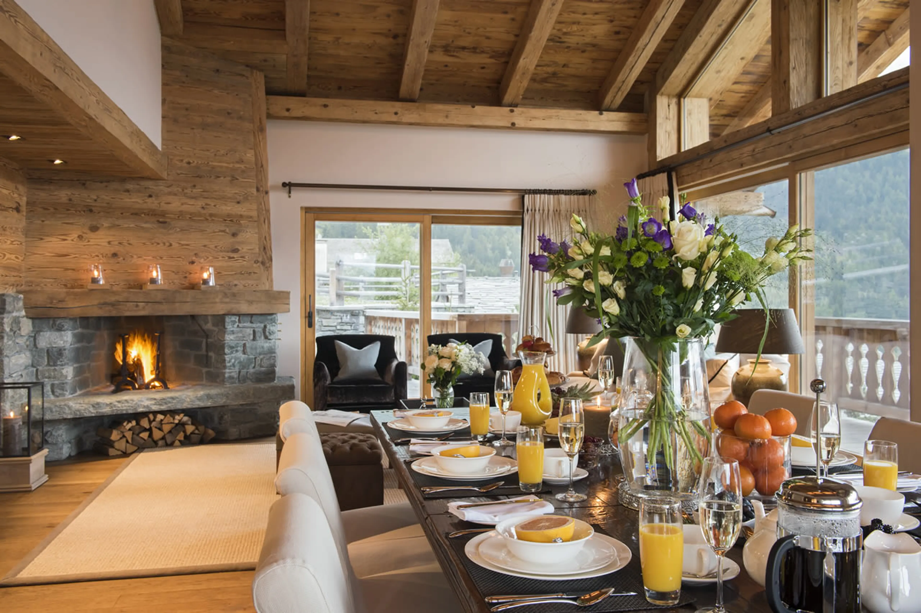 Breakfast in living area of Chalet Sirocco in Verbier