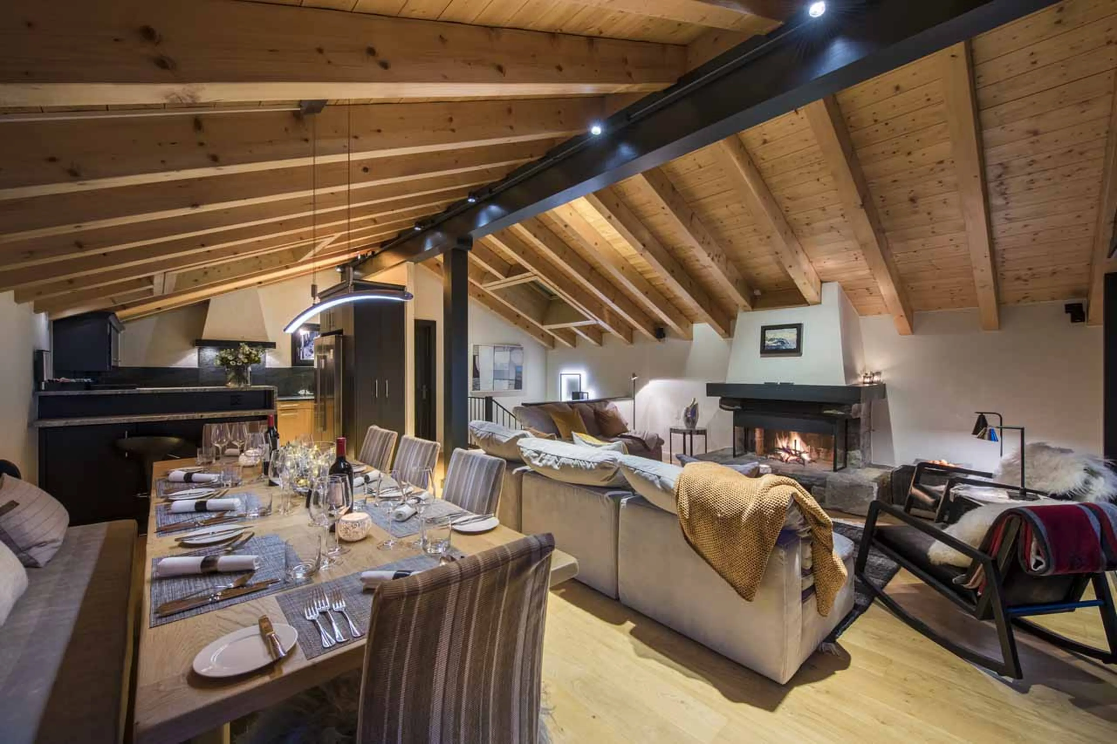 Dining, living and kitchen at Chalet Sorojasa in Verbier