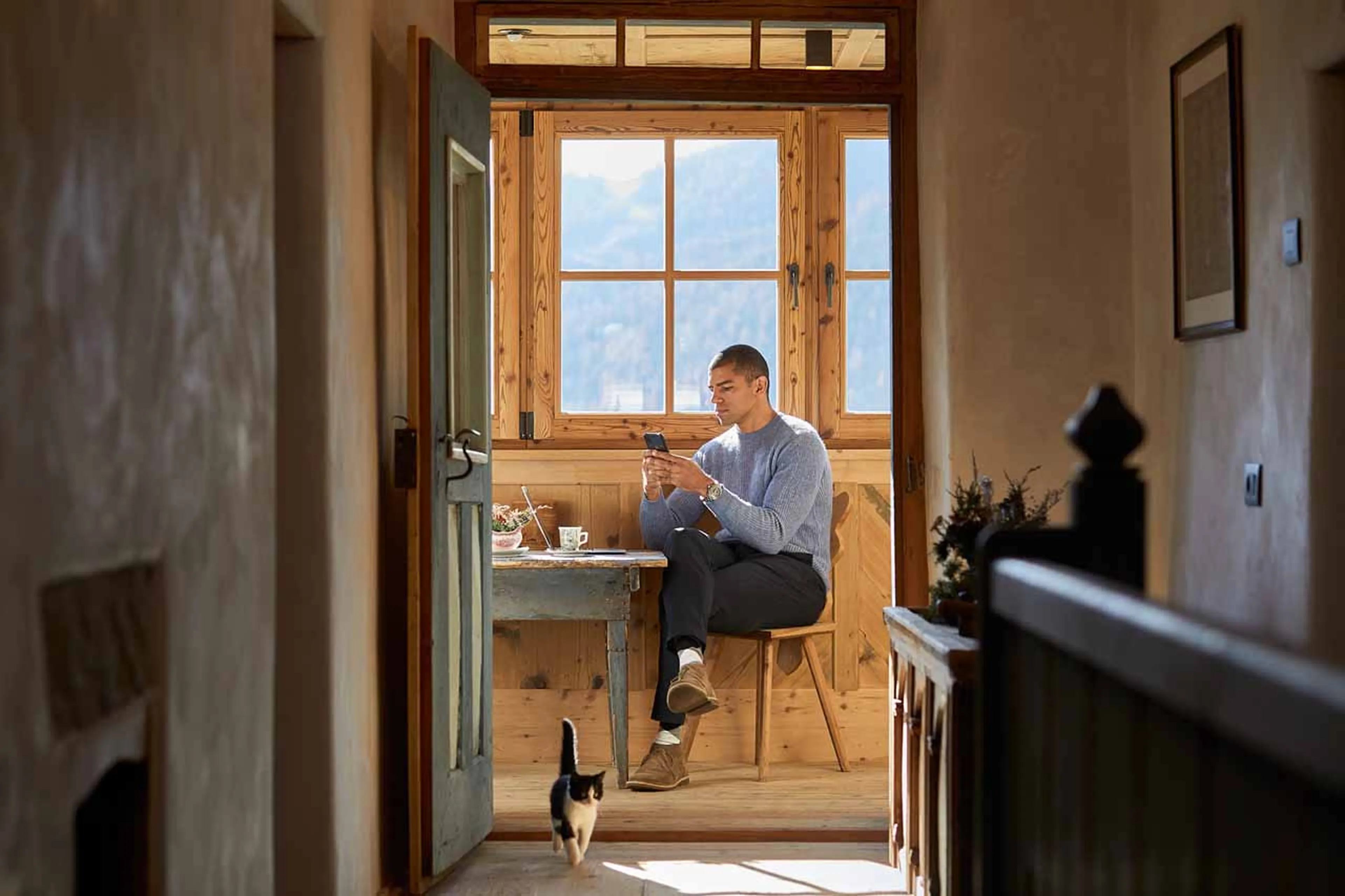Relaxing in breakfast nook at Chalet Sotciastel in Alta Badia