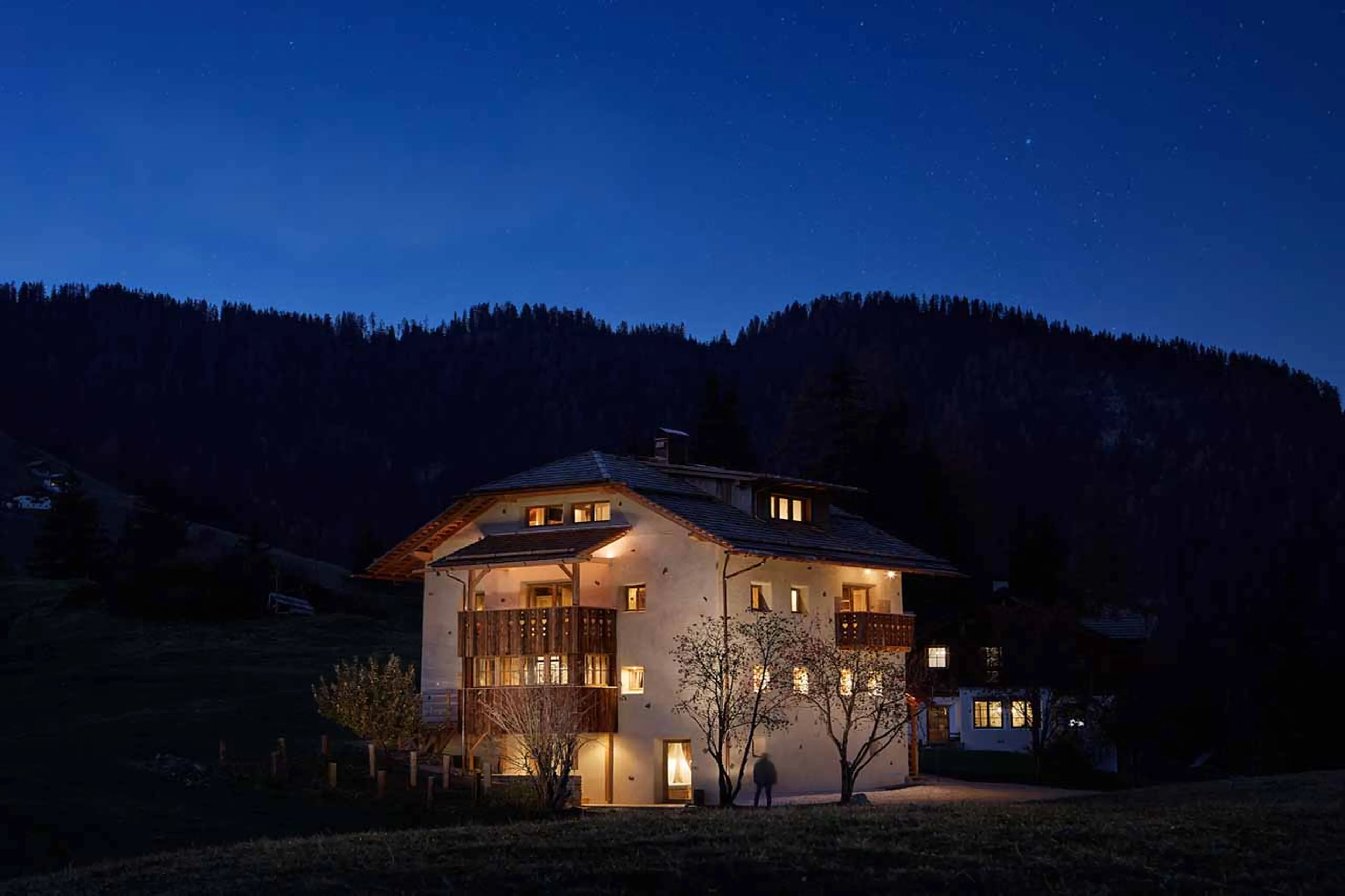 Exterior of Chalet Sotciastel in Alta Badia at night