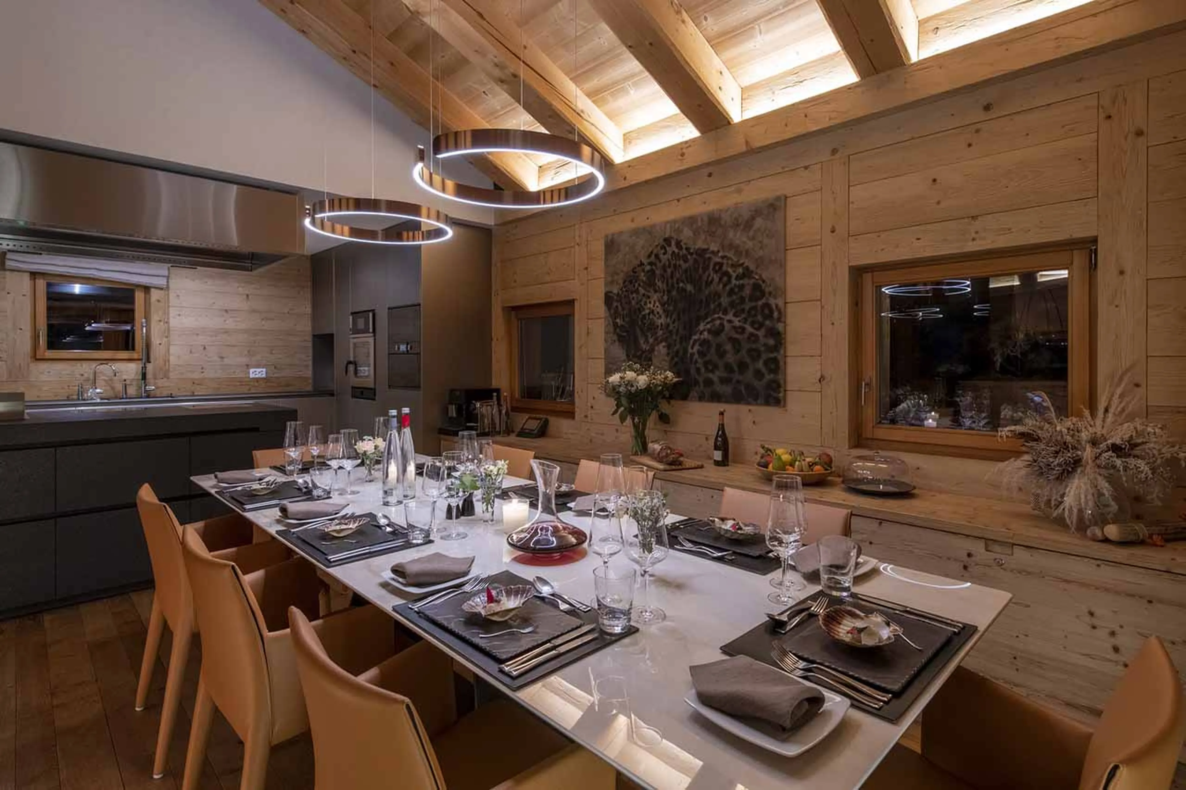 Dining table at night in Chalet Spa in Verbier