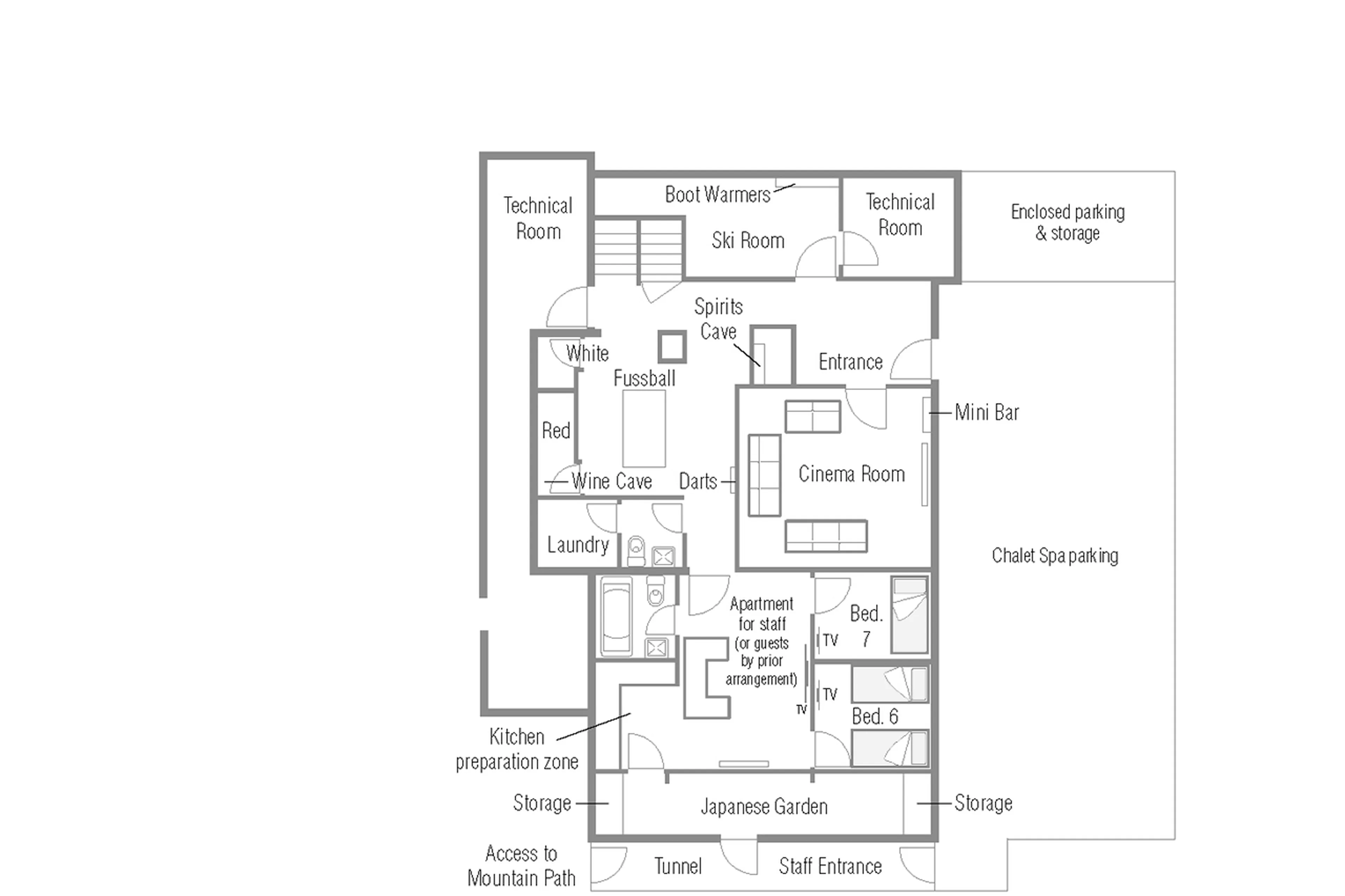 Level 0 floor plan of Chalet Spa in Verbier