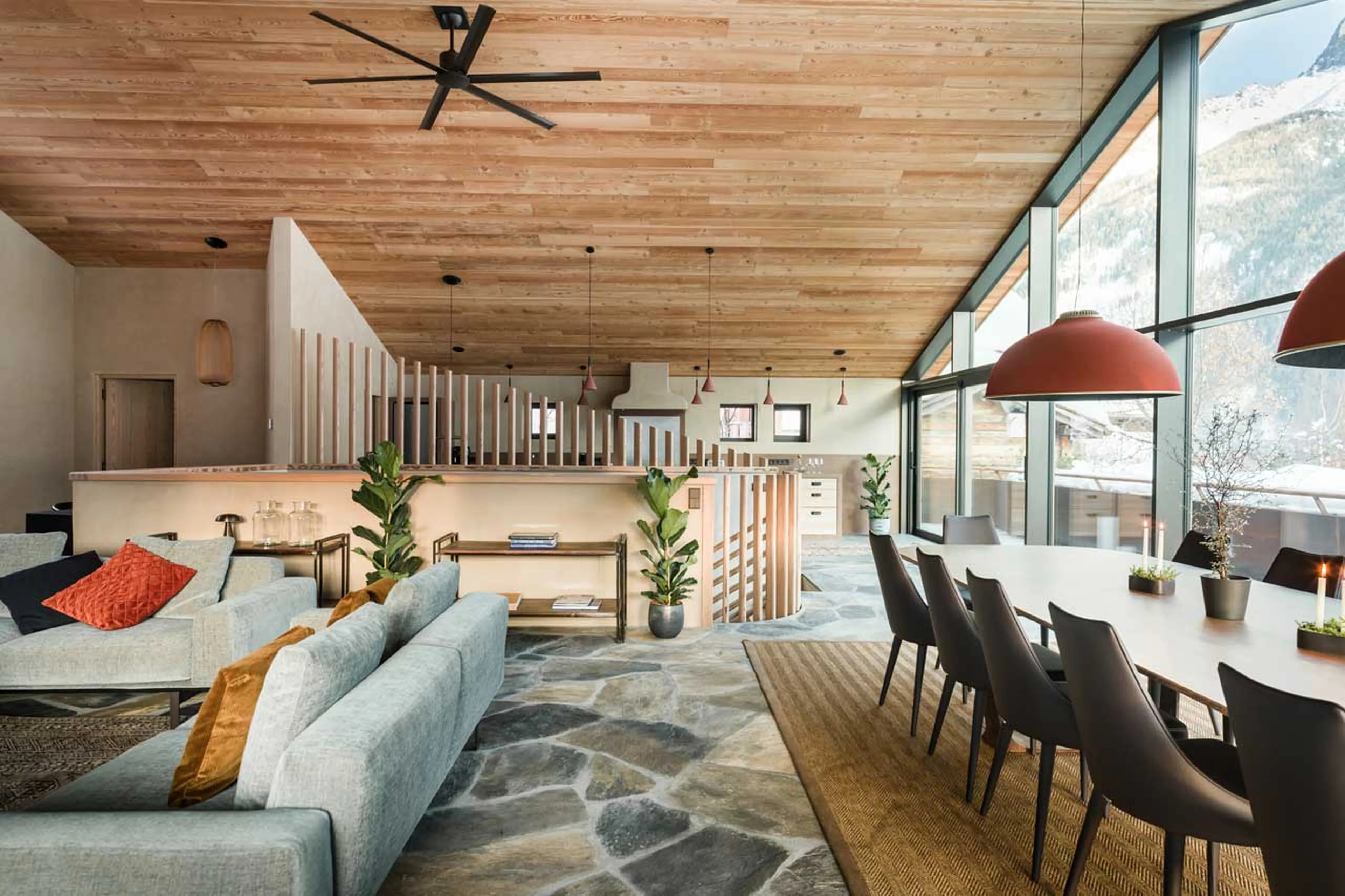 Office corner and kitchen from living area in Chalet Sundara in Chamonix