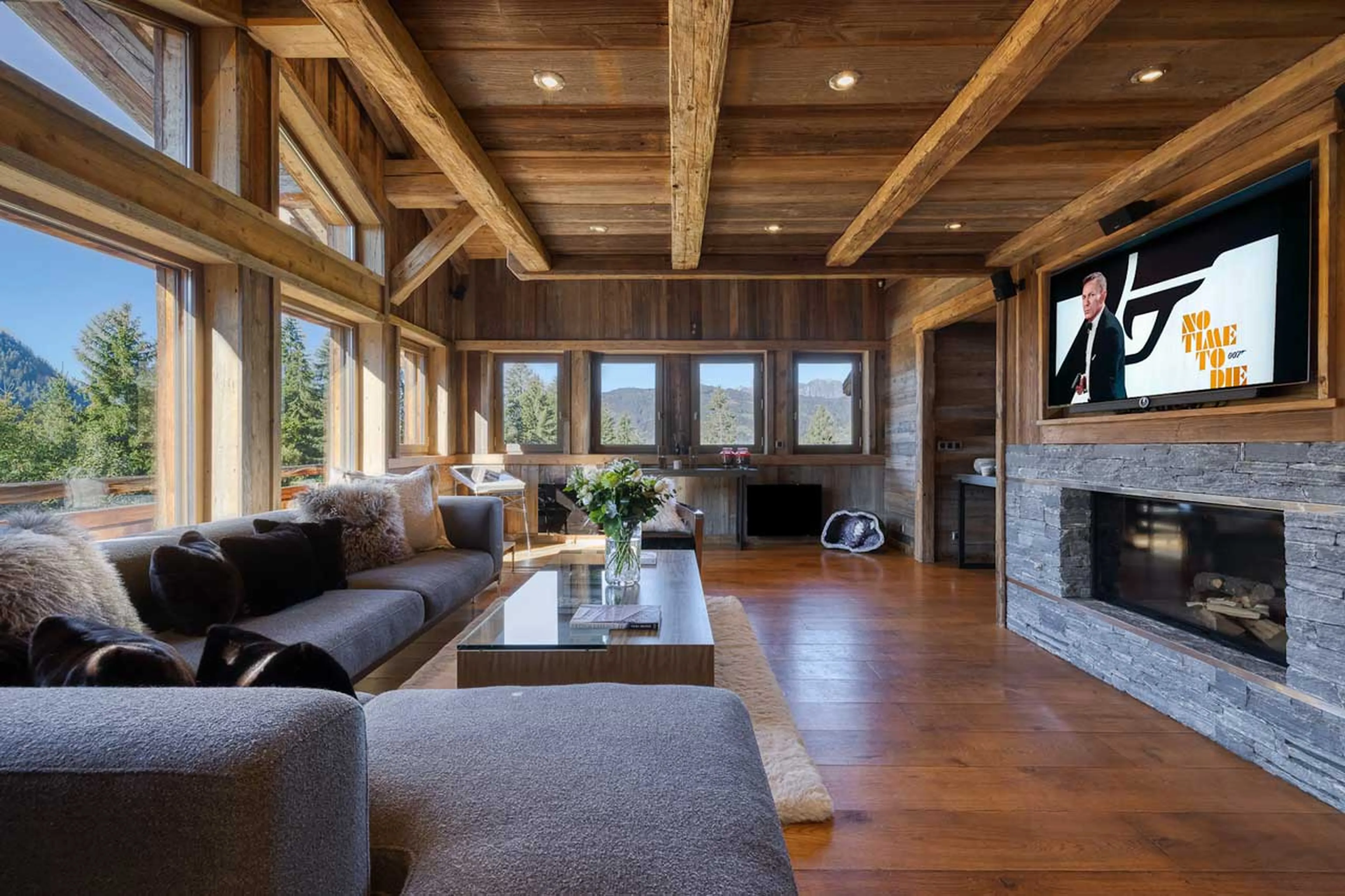 Comfy sofas in living area of Chalet Talland in Megeve