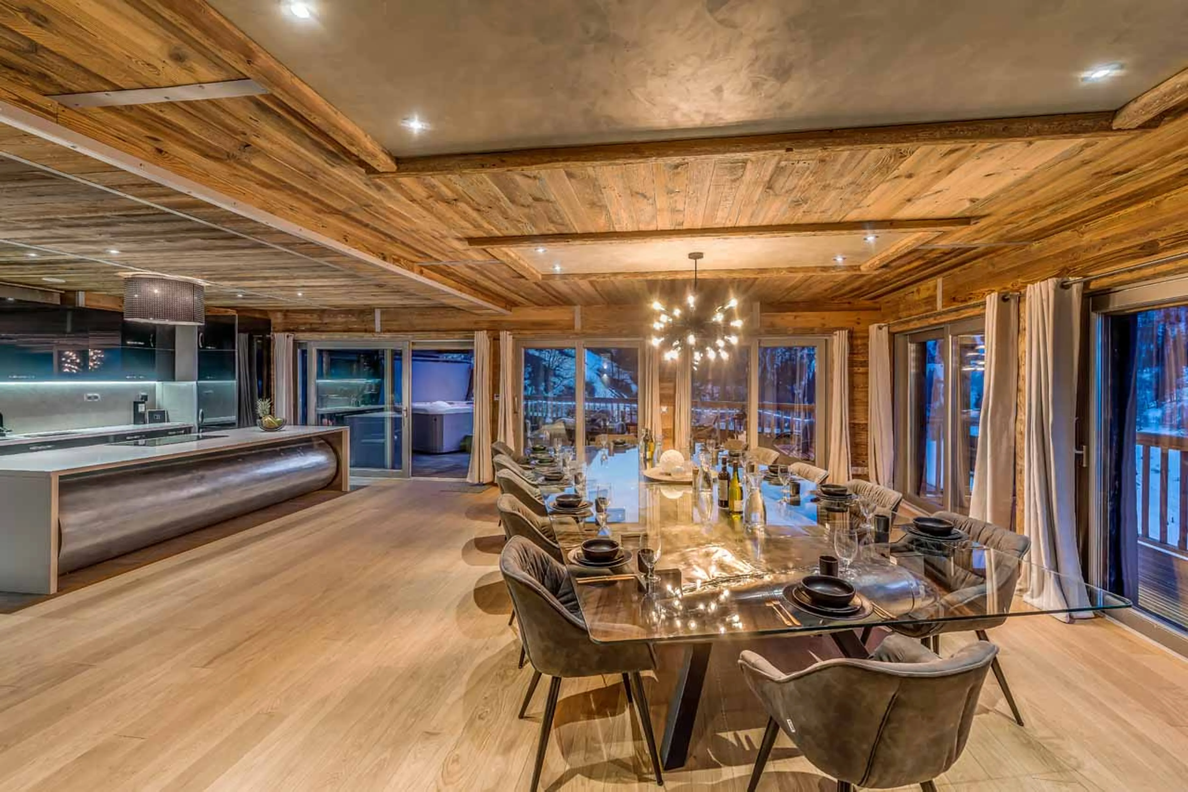 Living area and kitchen at Chalet Tango in Tignes