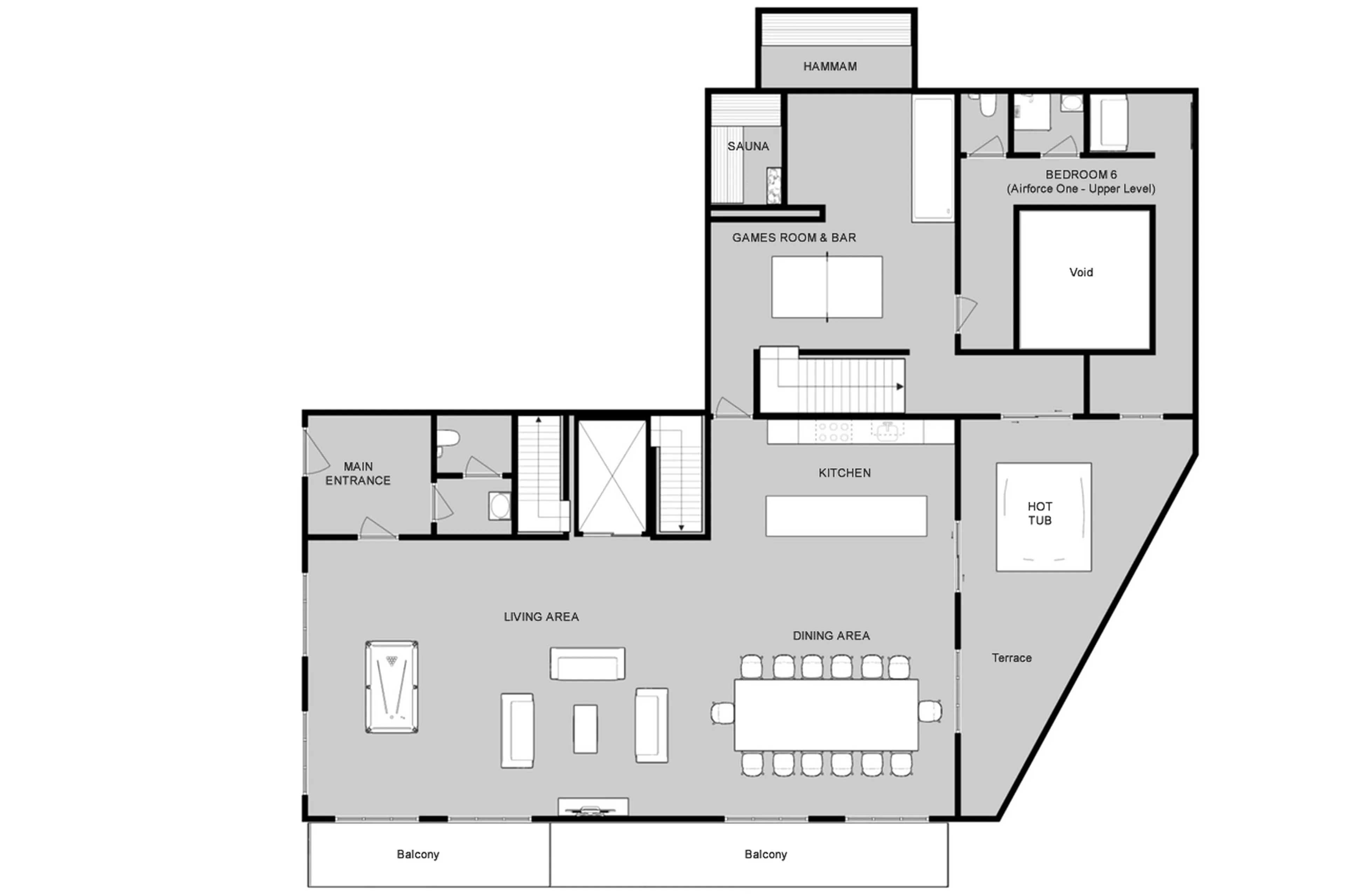 Upper level floor plan of Chalet Tango in Tignes