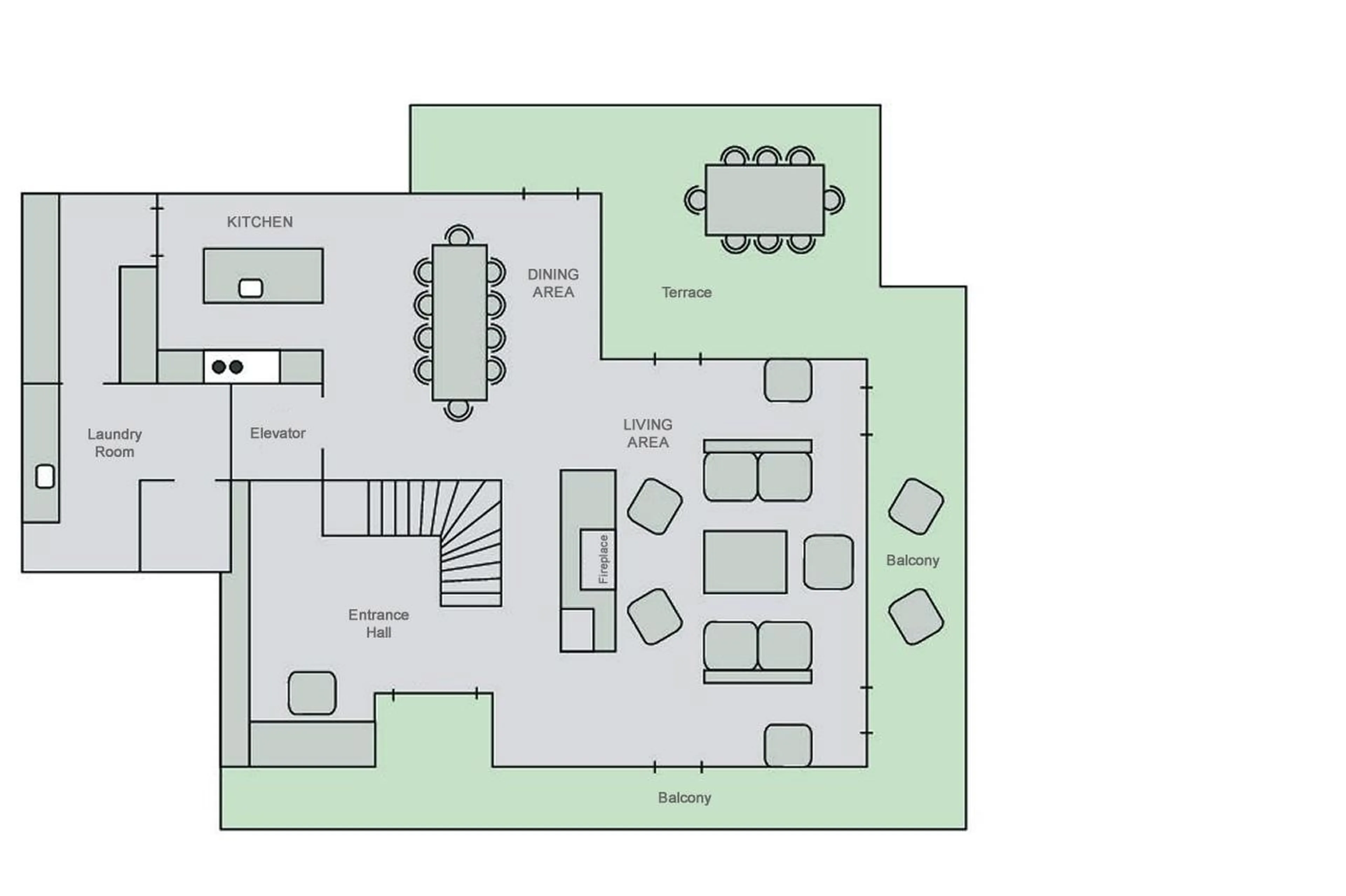 Main level floor plan of Chalet Teredo in Verbier